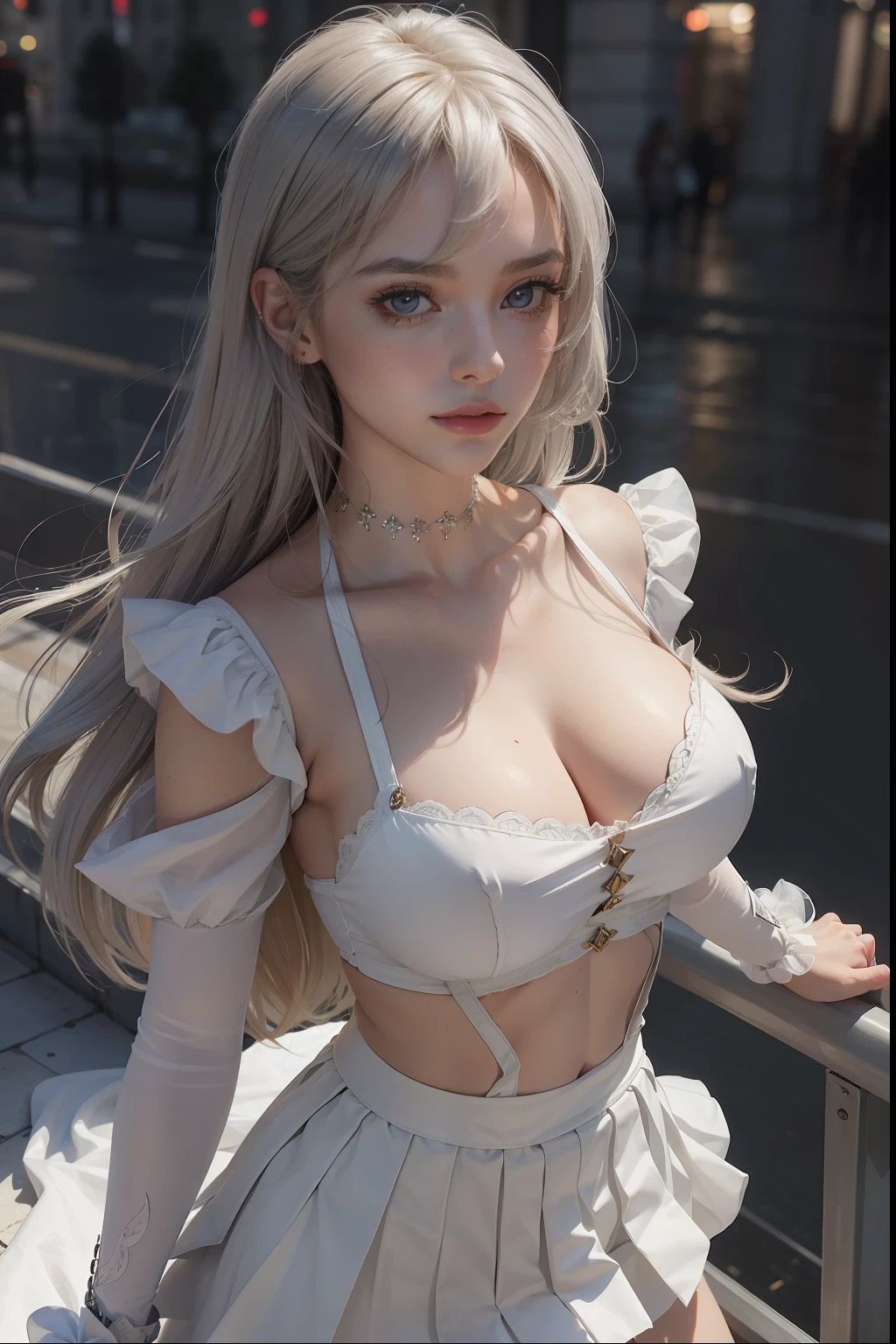 ((Best Quality:1.2, 8k, photo realistic:1.4, Masterpiece, Ultimate 1Girl, Highly Detailed Facial Textures, detailed beauty makeup: 1.4, realistic skin, detailed eyes, detailed bangs)), (white Sleeve Split Tops), (white Drape skirt), absurdity, ( city background), (moody lighting), (silver and orenge two-tone asymmetrical long hair), ((glaring)) , (big breasts), from above