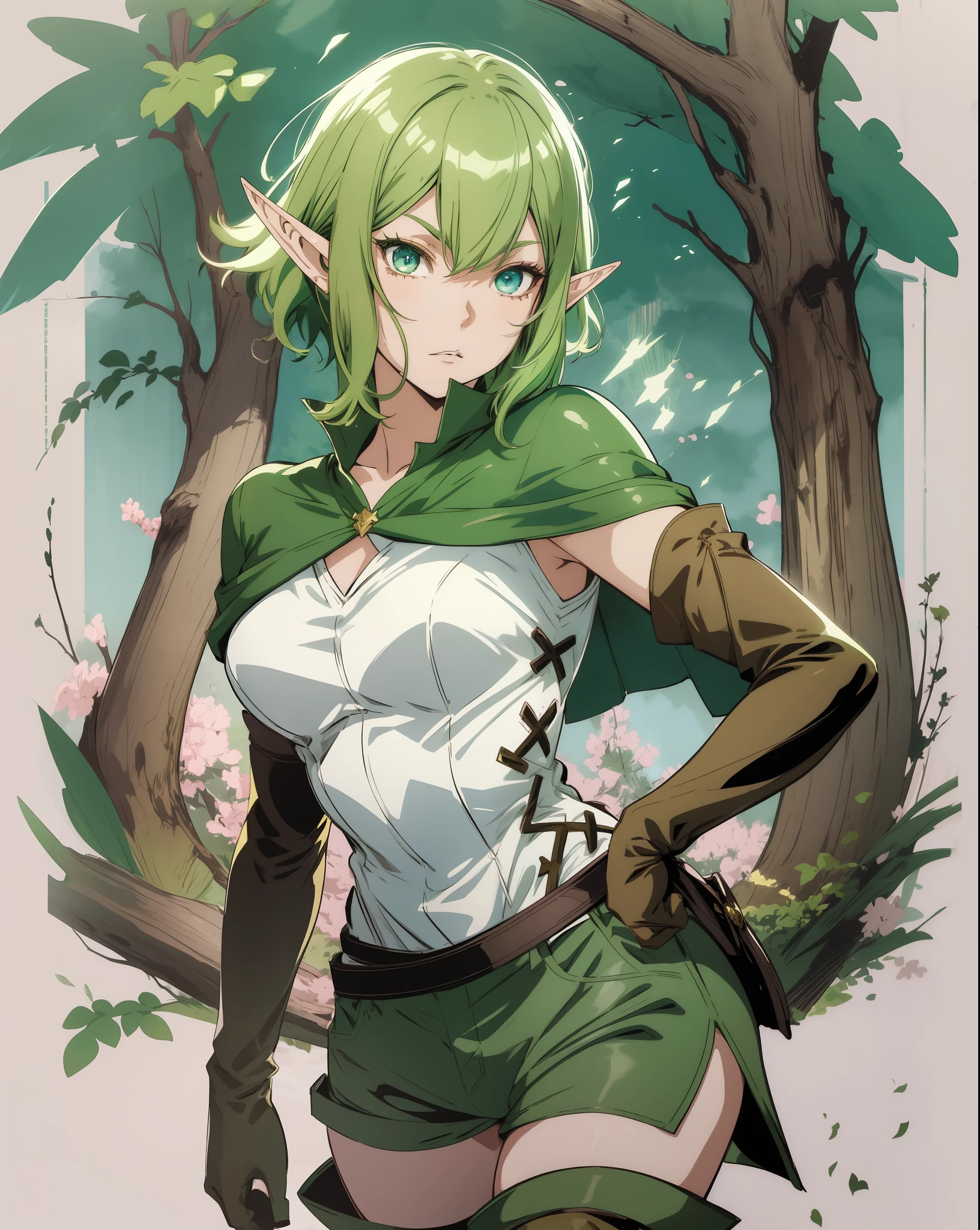 Anime style beauty woman, detailed face, 1 girl, solo, thigh boots, pointed ears, green hair, lakeside, full body, blue eyes, elf, short hair, green shorts, underwear, looking at the viewer, shirt,masterpiece,best quality,anime,2d,detailed face, 1girl, solo, thigh boots, pointy ears, gloves, boots, green hair, forest, brown footwear,full body, blue eyes, elf, elbow gloves, brown gloves, cape, short hair, green underwear, standing, looking at viewer, green cape, shirt, green pants, white shirt, bare shoulders, delicate and sexy collarbone,