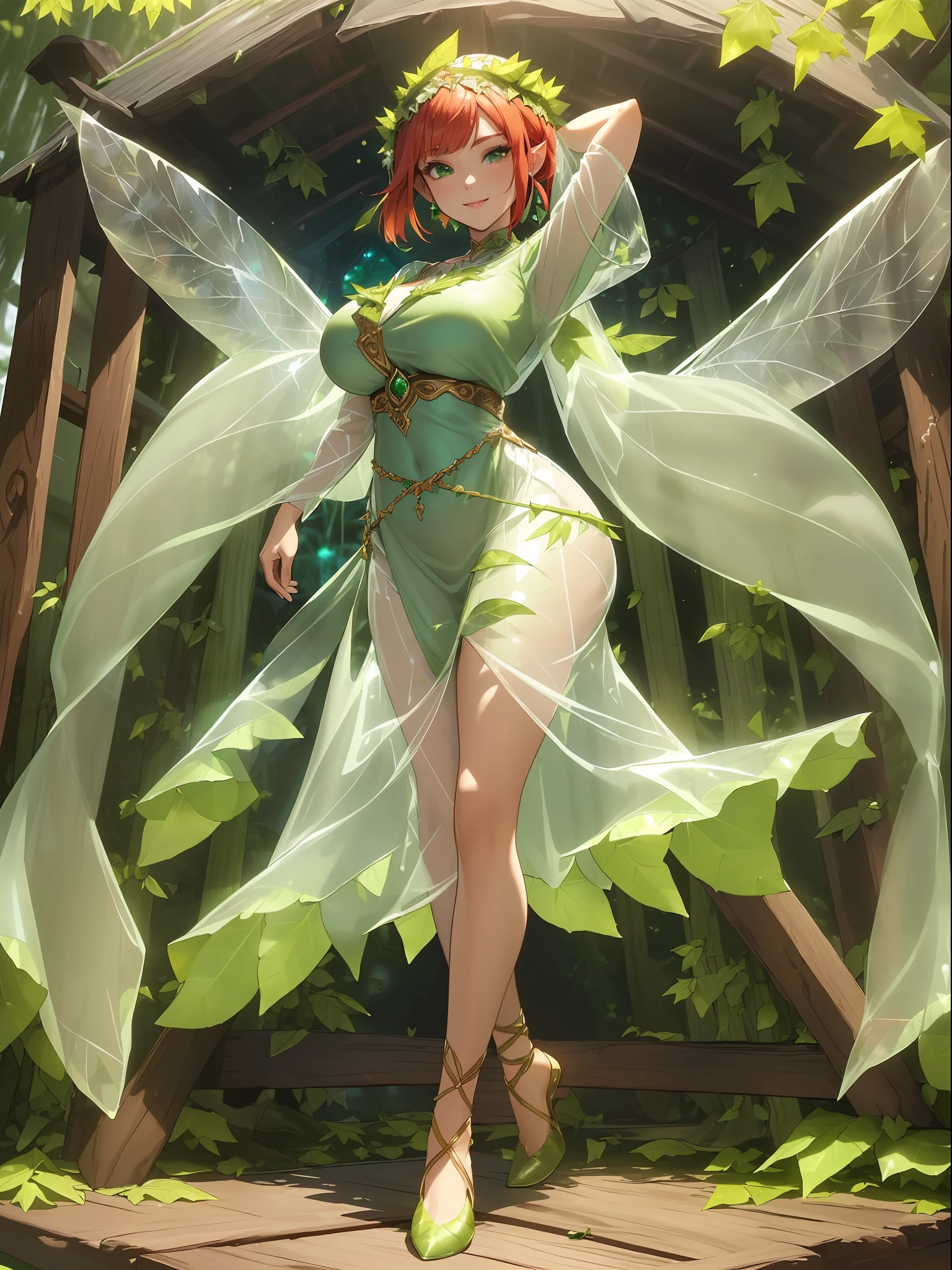 (Full body photo:1.5), Princess Zelda/Mystic Fairy, (Big breasts:1.5), (She has extremely beautiful/transparent fairy wings:1.5), ((Wearing clothes made of green leaves:1.5)/Wreath on head:1.5), (Looking at the viewer/smiling:1.3), (She is inside a wooden house with a fireplace with fireworks:1.5), (She has short red hair:1.3), (dark green eyes: 1.3), (his costume is extremely tight/extremely transparent:1.5), (doing sensual standing poses: 1.2), (anime, Mortal Kombat, 16k, UHD, masterpiece, best quality, textured skin, award winning, high details, highres, anatomically correct)