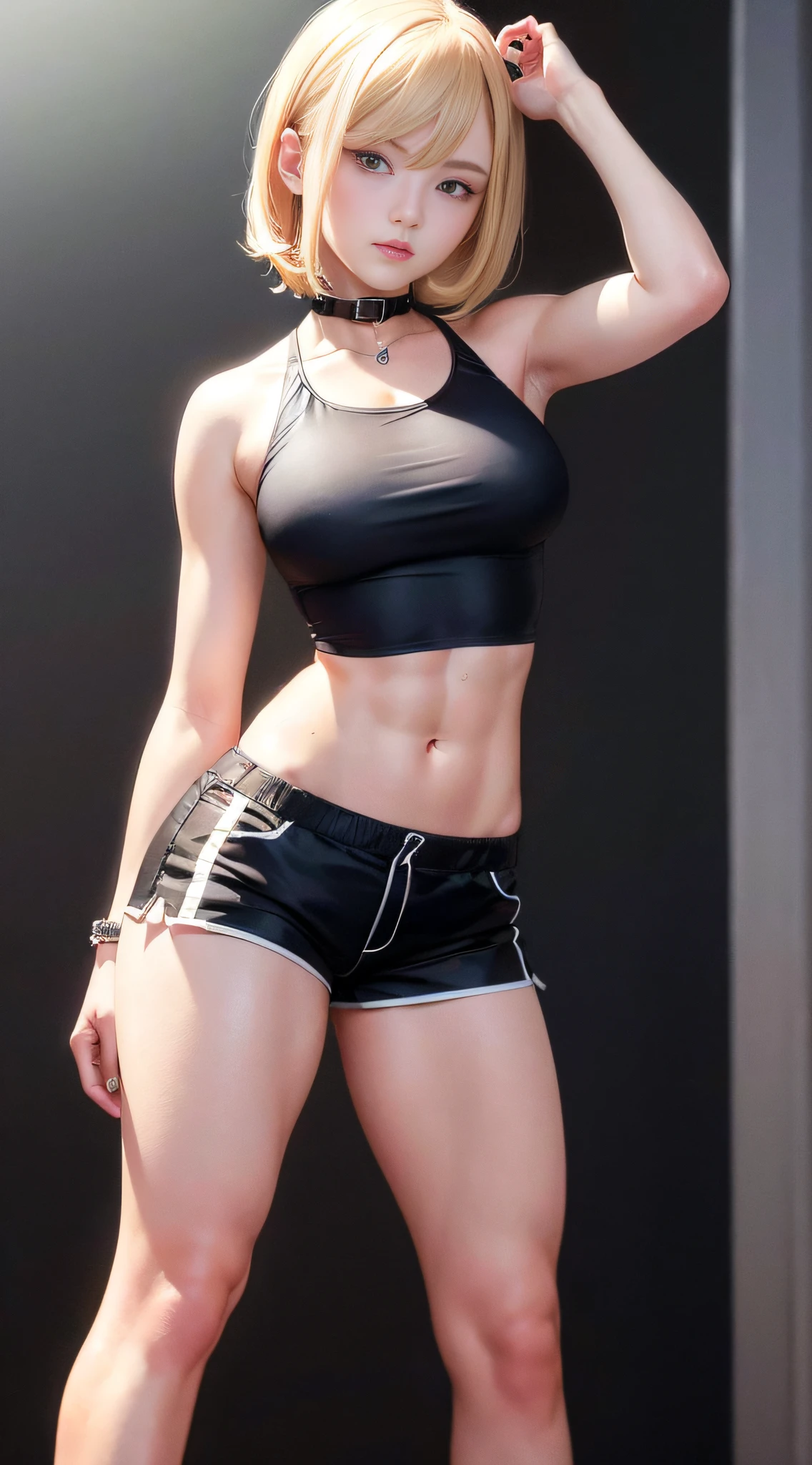 ((big breasts, tomboy, small head)), (cut abs: 1.1), (perfect body: 1.1), (short wavy hair: 1.2), blonde, collar, chain, full body, workout, sweat, femboy, futa ((shorts)), (extremely detailed CG 8k wallpaper), (extremely delicate and beautiful), (masterpiece), (best quality: 1.0), (ultra high resolution: 1.0), beautiful lighting, perfect lightning, Realistic shadows, [high resolution] detailed skin, super detailed (((color)))