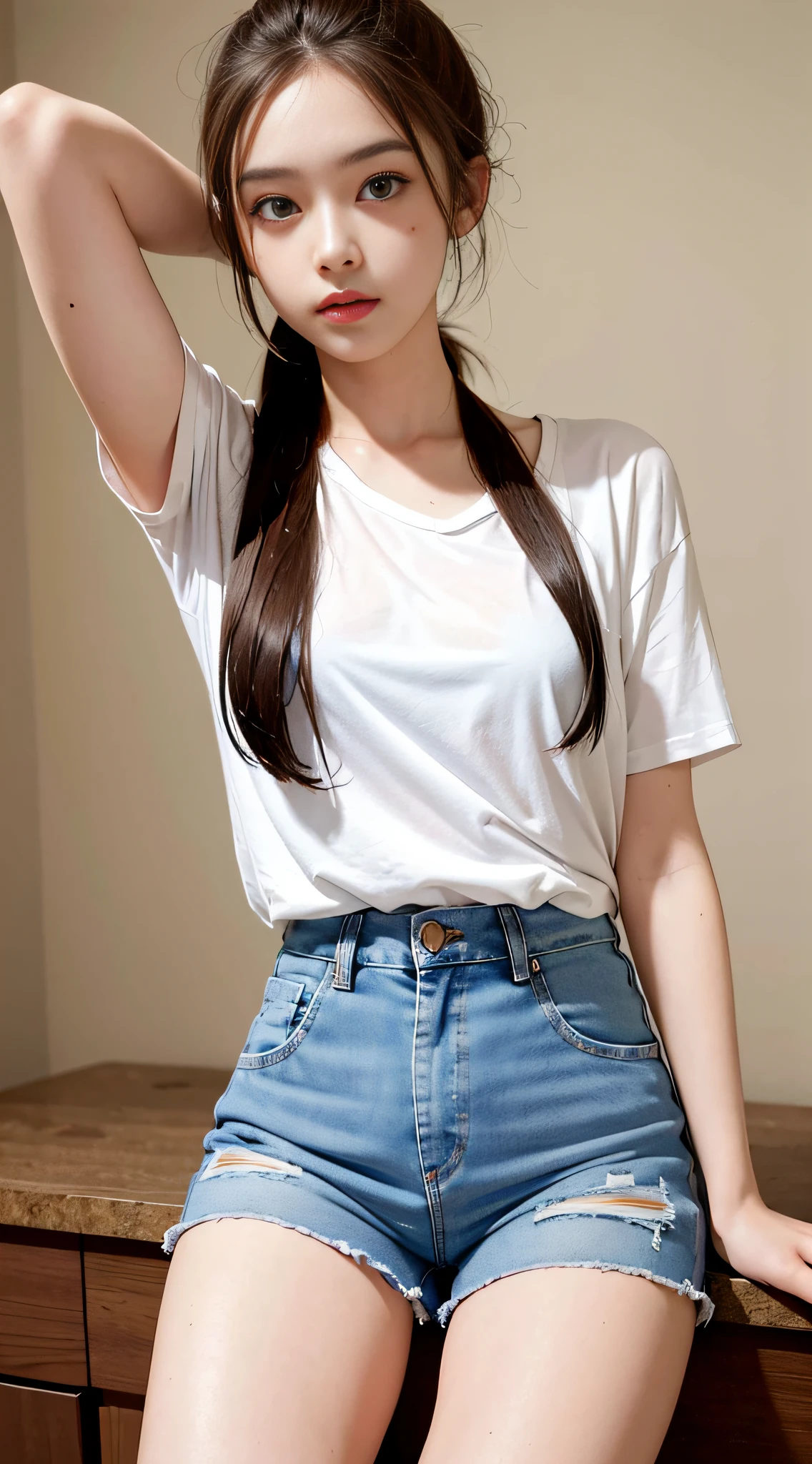 Realistic, high resolution, 1 girl, ponytailed brunette , Korean, blue eyes, small moles under the eyes, loose white shirt, skinny denim shorts, mid-chest, lively, chunky thighs