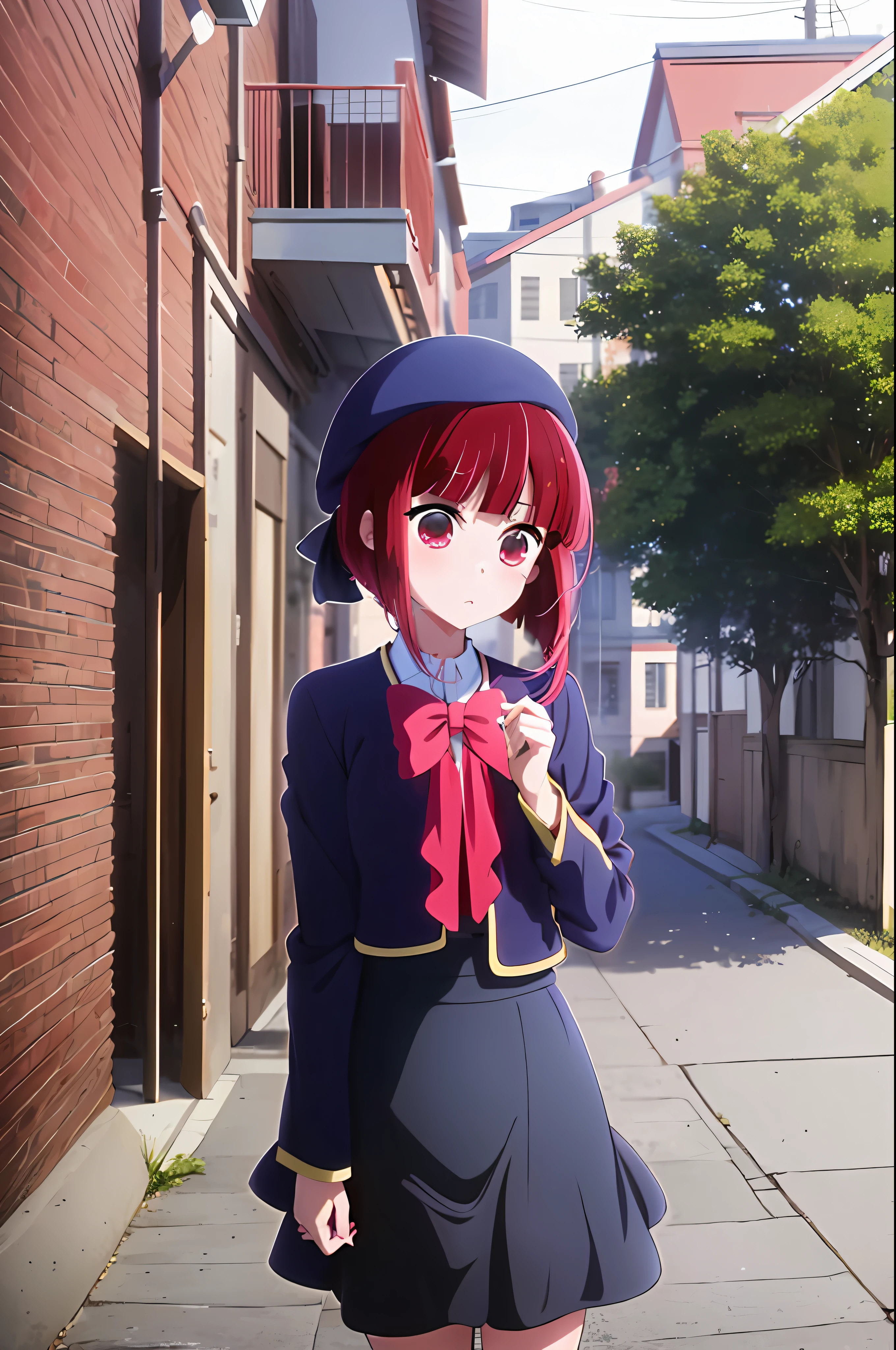 anime girl with red hair and a blue hat standing in front of a building, close up iwakura lain, iwakura lain, anime moe artstyle, anime visual of a cute girl, portrait anime girl, an anime girl, portrait of an anime girl, young anime girl, cute anime girl, anime style 4 k, smooth anime cg art