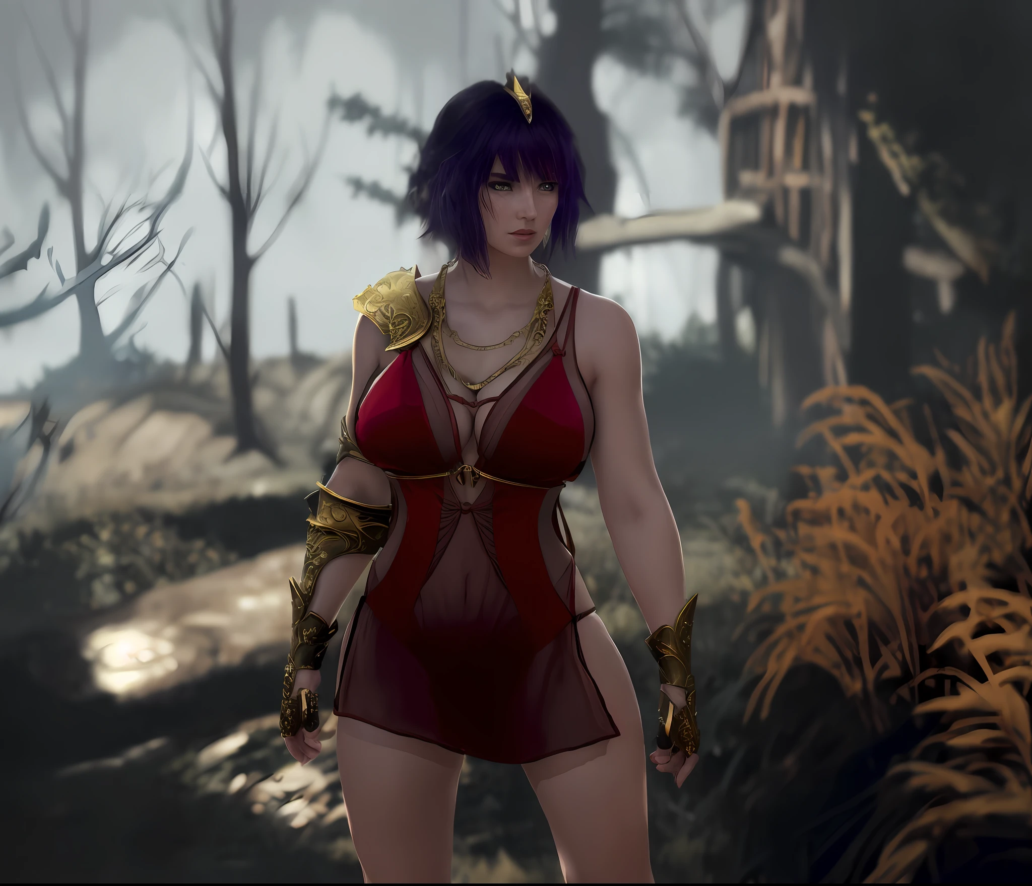 there is a woman in a red dress standing in a forest, cinematic goddess body shot, warrior outfit, fantasy outfit, mighty plump female sorceress, ornate bikini armor, succubus in tight short dress, thicc build, bikini-armor, evil princess of the wasteland, thicc, bikini armor, bikini armor female knight, lady in red armor