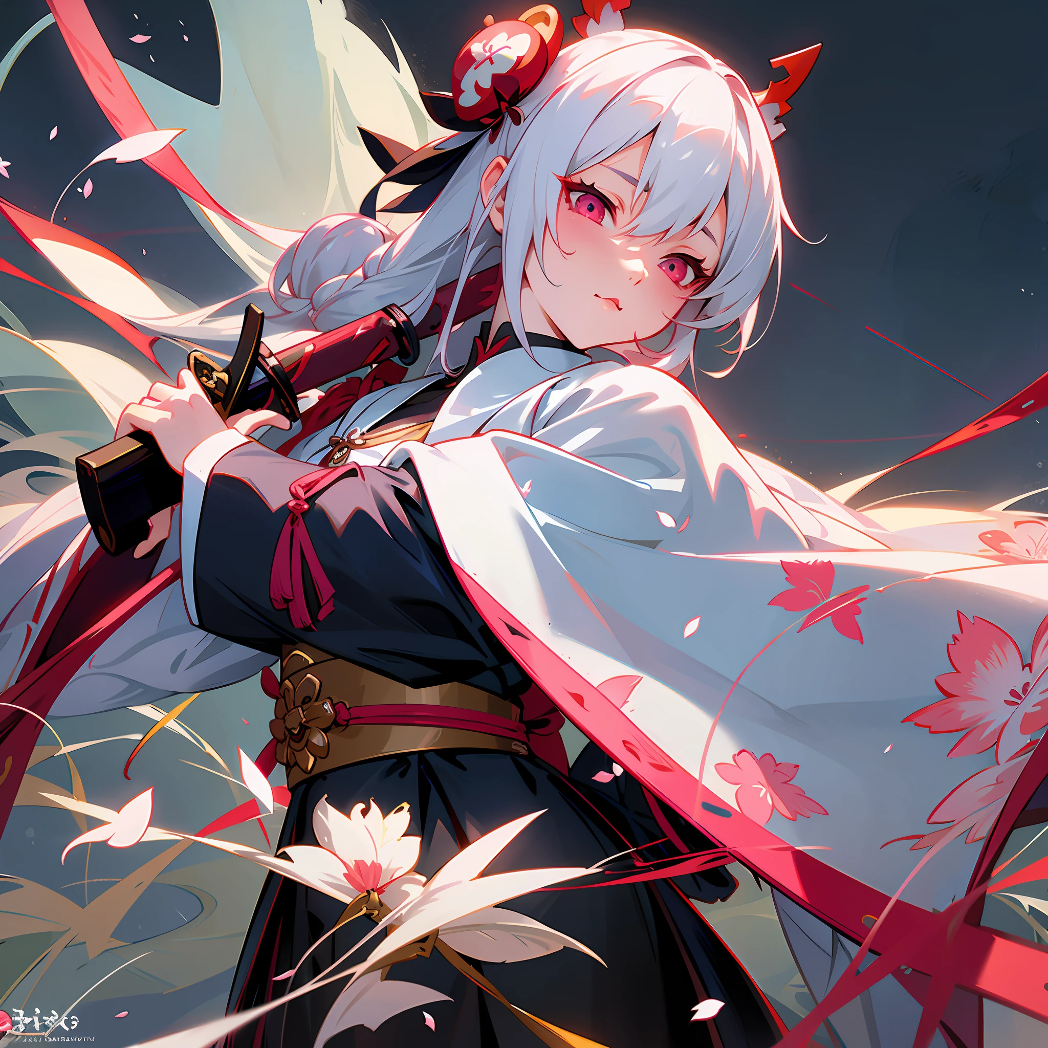 Pink eyes girl, long white hair, anime with a detailed sword in hand and a white cover with cherry blossom print, white belt detailed onmyoji art, onmyoji portrait, onmyoji, Demon Slayer Rui fanart, demon slayer artstyle, guweiz style art, guweiz in artstation pixiv, white haired deity, detailed digital anime art, guweiz on pixiv artstation