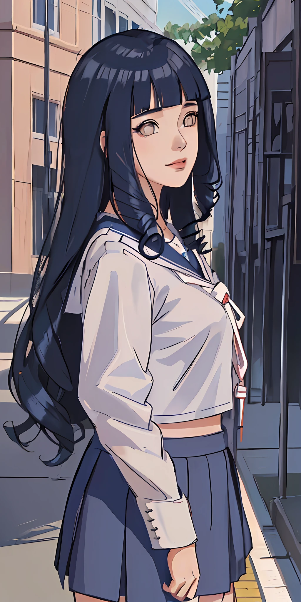 highres, ultra detailed), masterpiece, hinata\(boruto\), solo, 1girl,medium breasts, (((high school))), ((((high school attire)))), smile, (((long hair))), blink blink effect, (((detailed lips))), knee crop, school building, from side, (((dark blue hair))) standing, looking at someone far away, cute face, young, (((curly hair))), (((white top)))