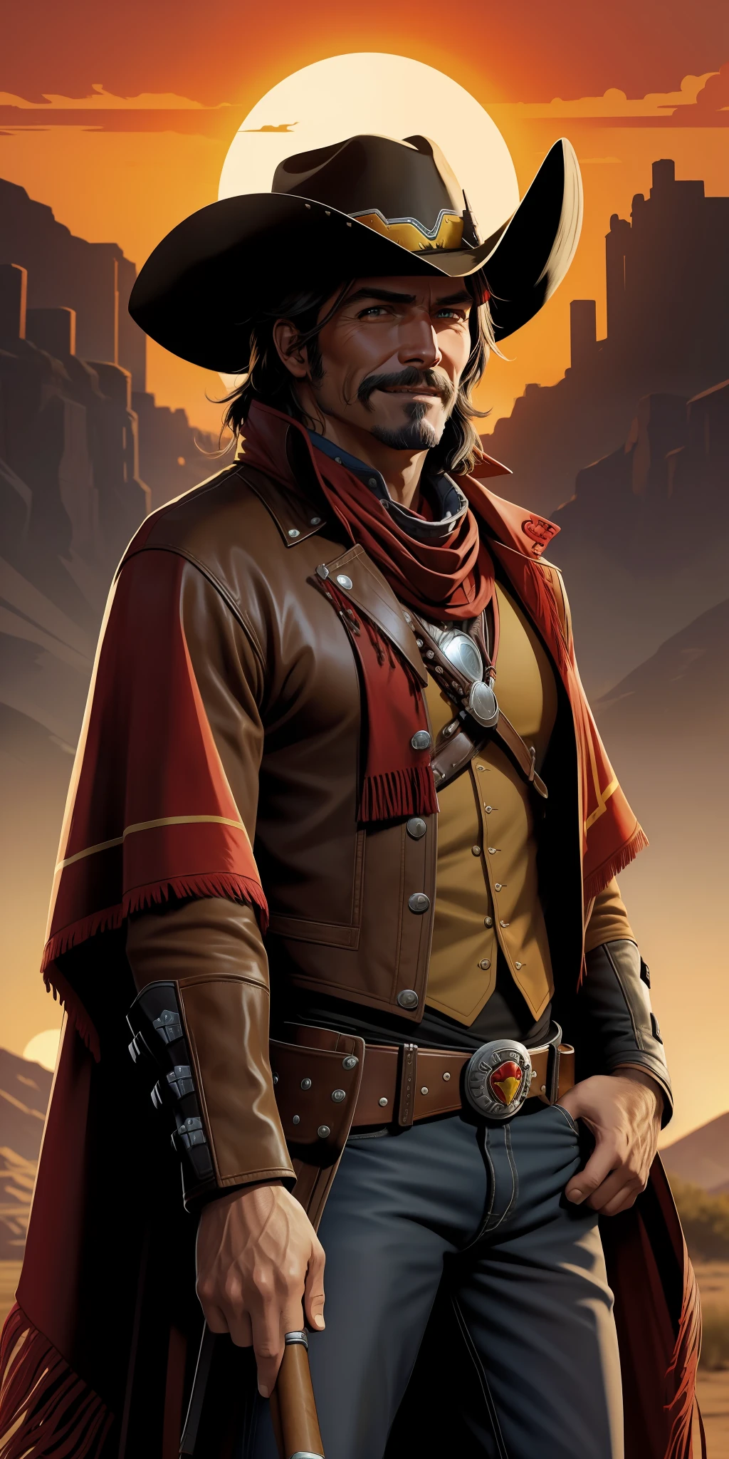mccree, western setting, red poncho, cape, setting sun in background, smile,  confident pose, cigar in mouth,  best quality, limited palette