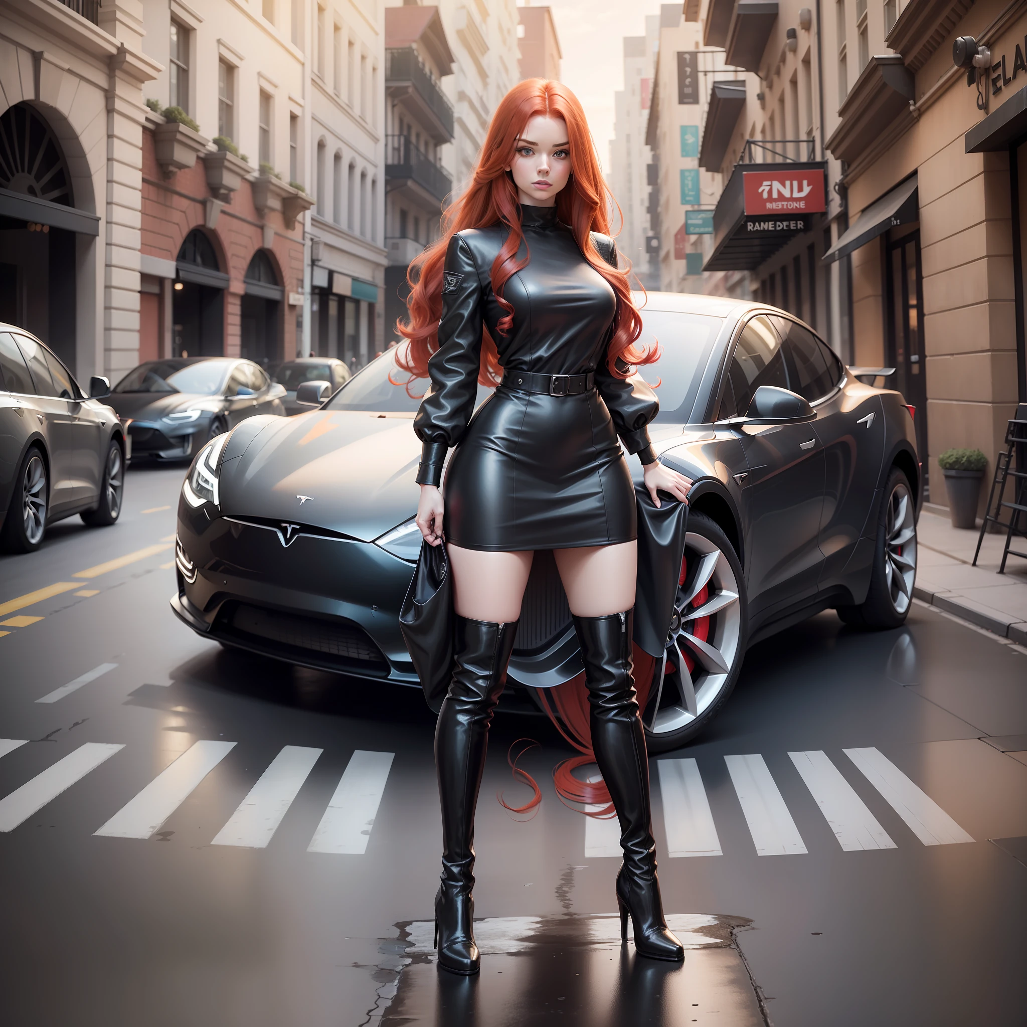 beautiful redhead girl with very long hair and very big hair, dressed with a short black dress and long boots, standing in front of a Tesla car with wing doors open, full body view