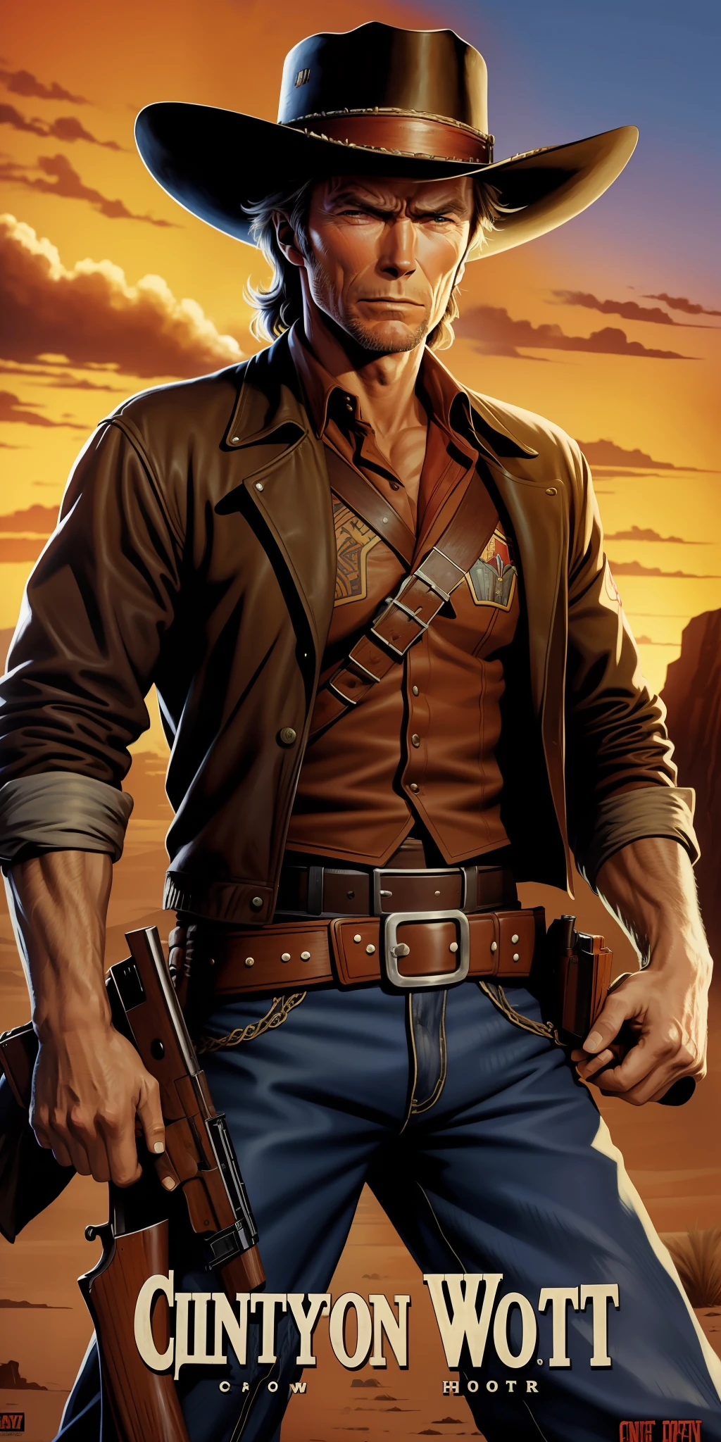 80s movie poster, Clint Eastwood as a cowboy, holding a pistol, Wild West background, highly detailed, masterpiece,