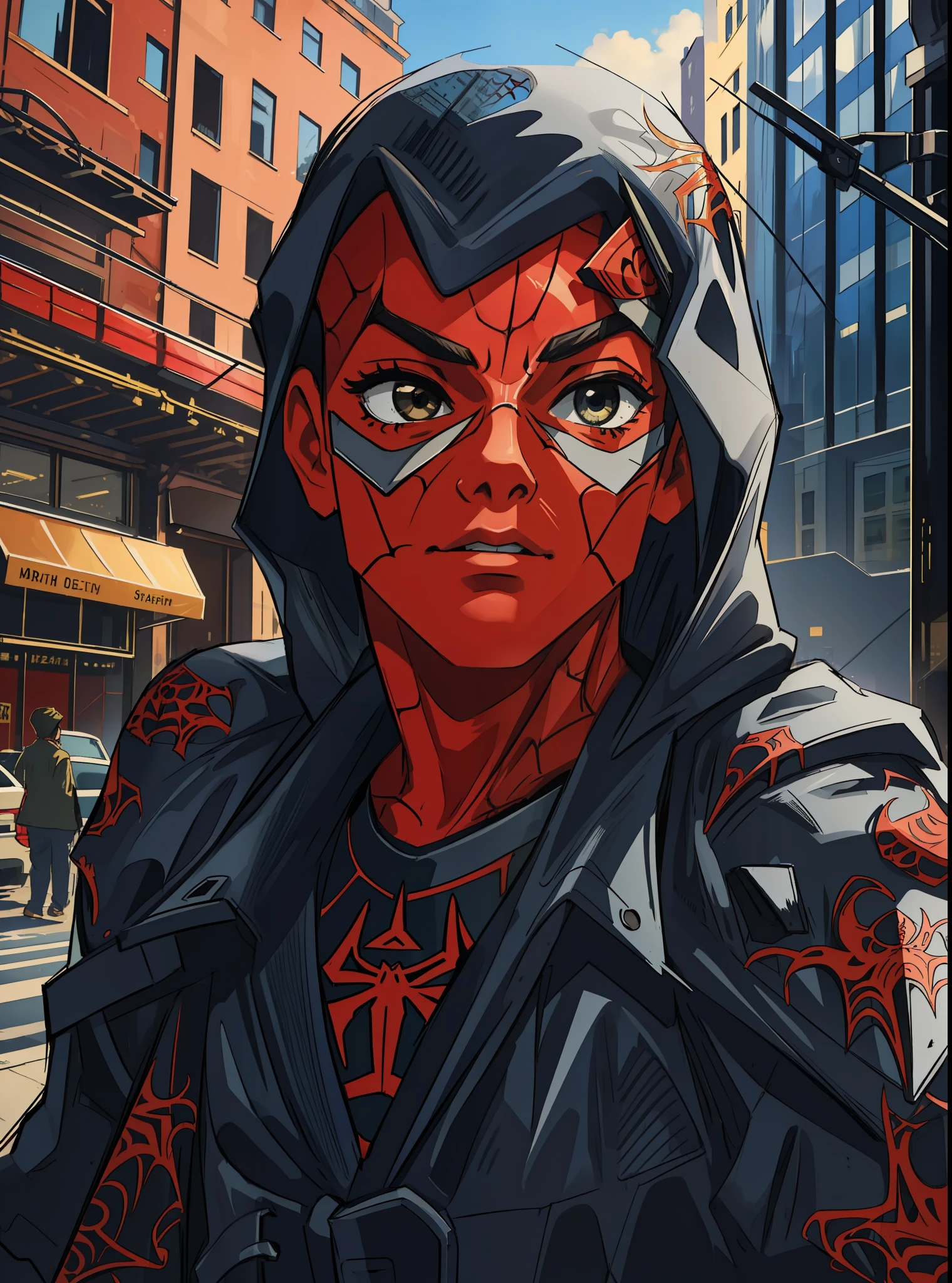 (masterpiece, best quality), intricate details, 8k, artstation, wallpaper, official art, screensaver, sharp focus,
 spider costume, web print, web,  
skyscrapers, city, buildings, cars, street,