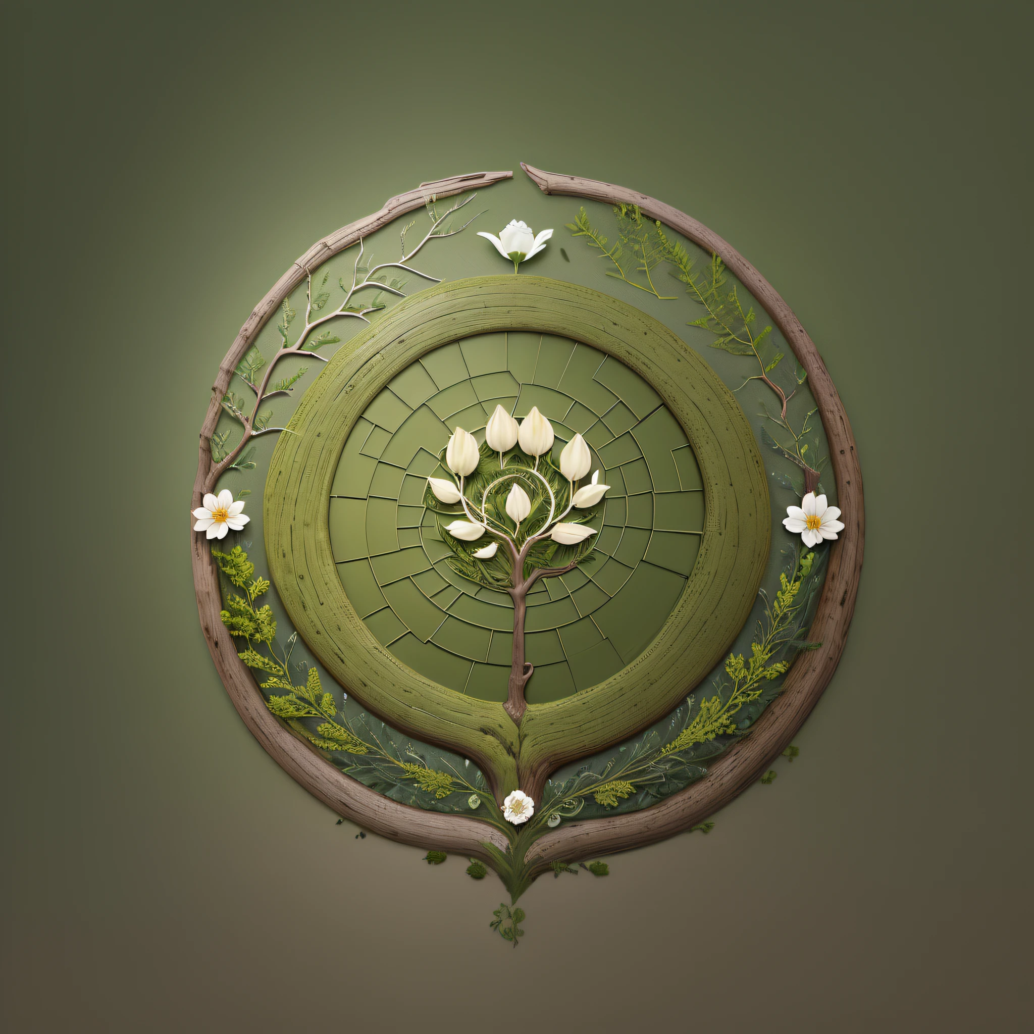 Minimalist logo, icons and stylized illustrations of roots and flowers, subtle and earthy colors, shades of moss green, earth brown, cream and light gray, sense of nature, authenticity. Elegant font with name "Roots Fragrans" that complements the icon or illustration. --auto --s2