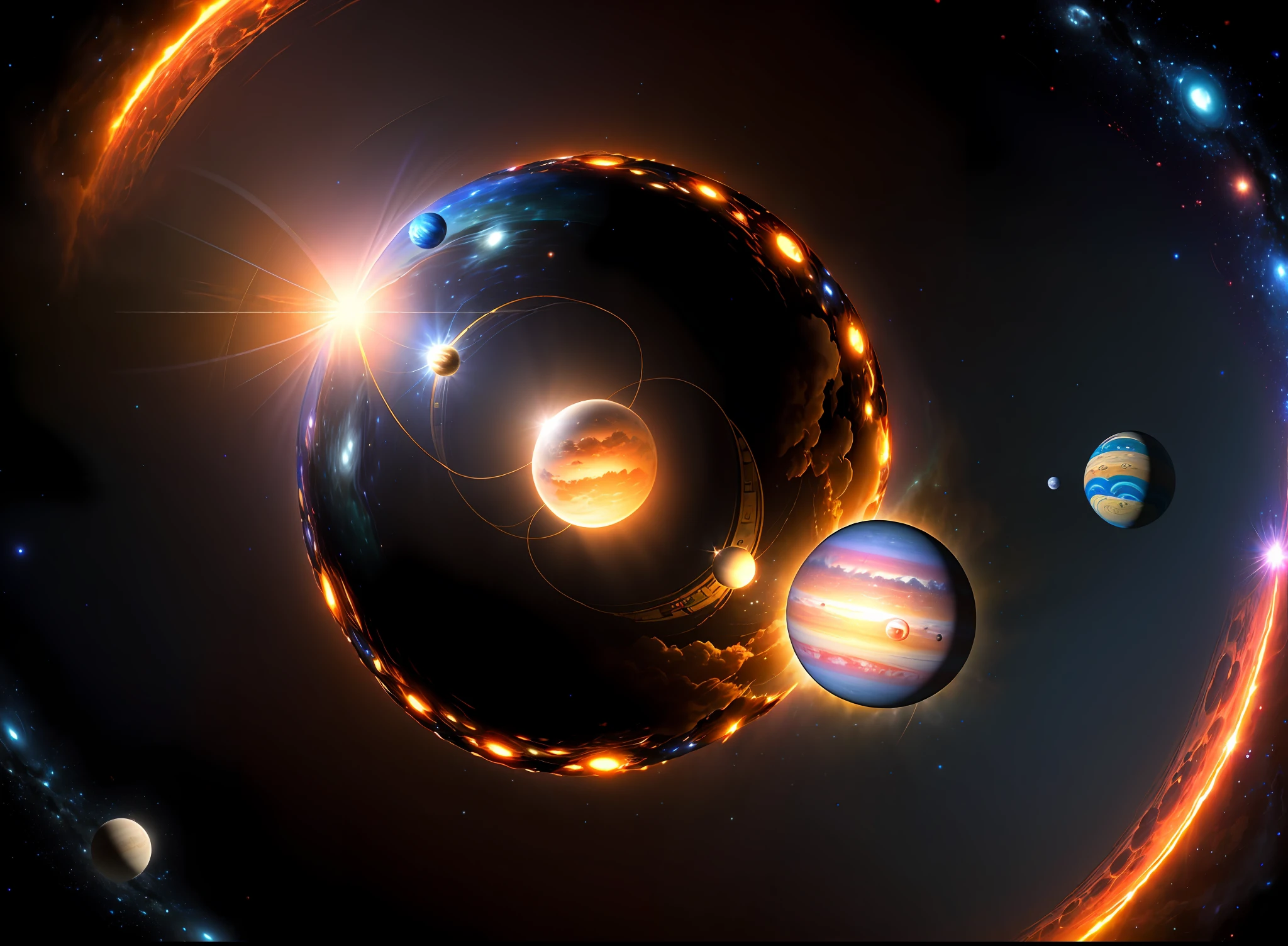 (((Masterpiece))), best quality, ultra-detailed CG unity 8k wallpaper the solar system through a black hole