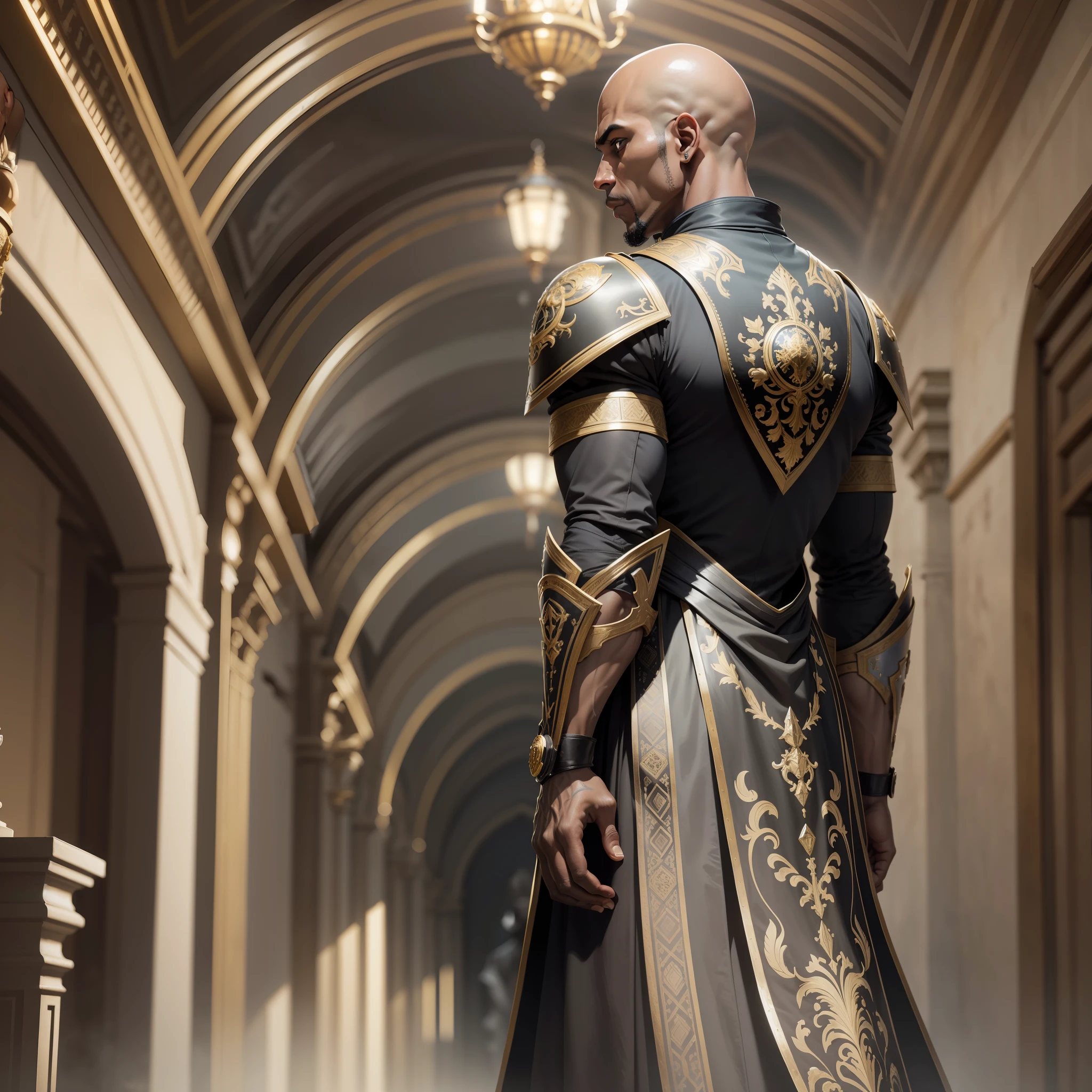 Realistic image of a black man, bald, strong, black eyes and well detailed, dressed in black cleric's clothes, shoulder pads, standing on his back, looking back, determined expression, inner hall of a palace