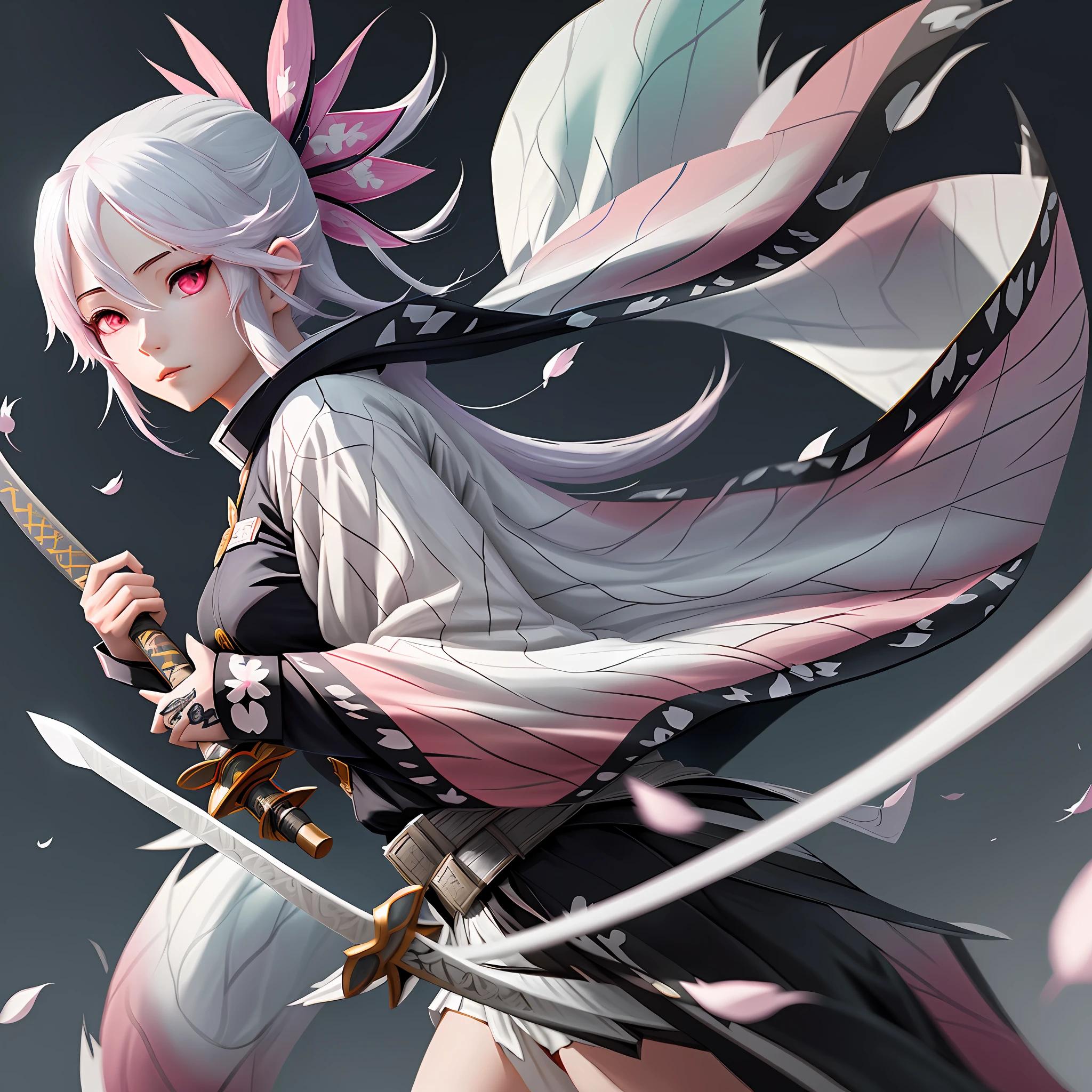 Pink eyes girl, long white hair, anime with a detailed sword in hand and a white cover with cherry blossom print, white belt detailed onmyoji art, onmyoji portrait, onmyoji, Demon Slayer Rui fanart, demon slayer artstyle, guweiz style art, guweiz in artstation pixiv, white haired deity, detailed digital anime art, guweiz on pixiv artstation