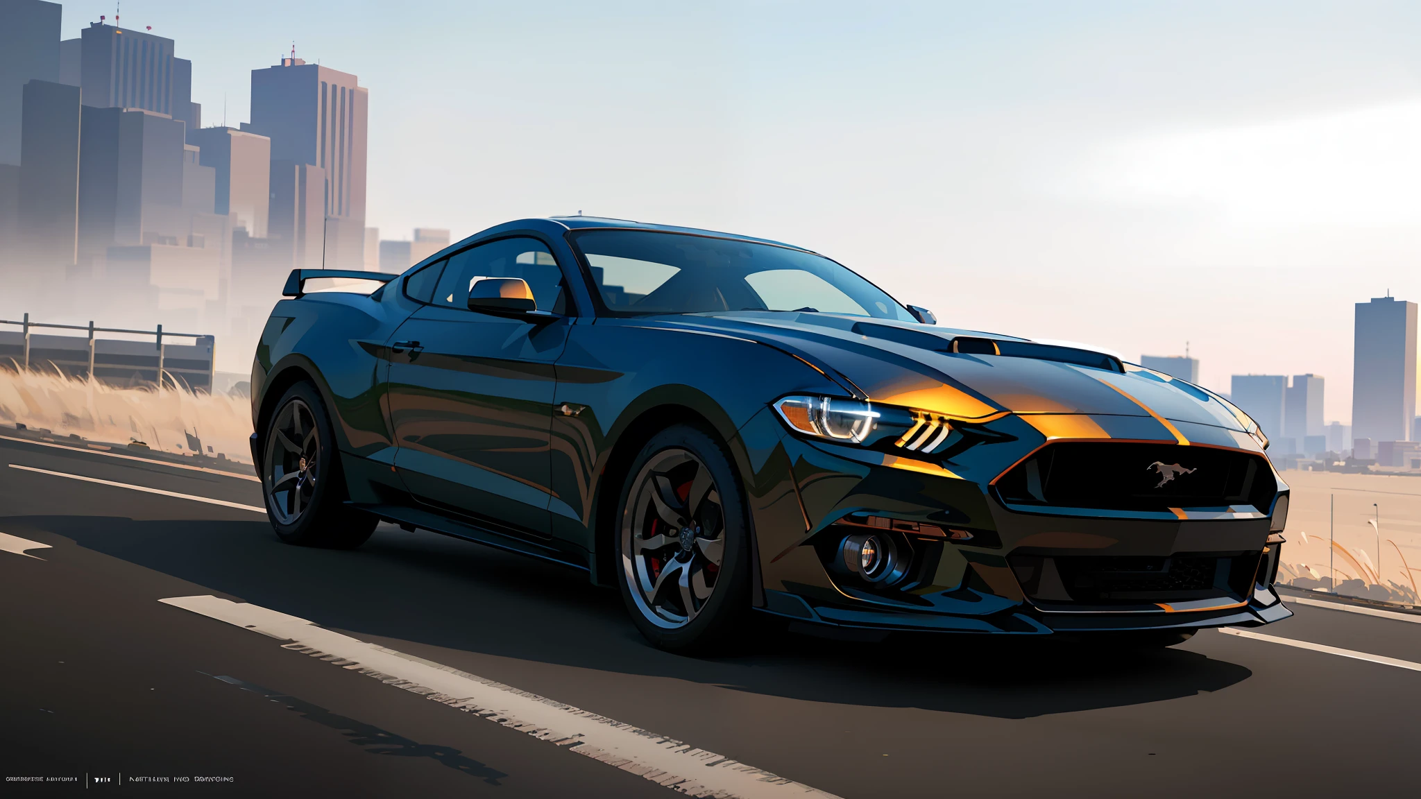 Mustang wallpaper of modern car, shinny metal, city, low angle, intrincate, elegant, highly detailed, digital painting, artstation, concept art, smooth, sharp focus, illustration, art by artgerm and greg rutkowski and alphonse mucha, 8k