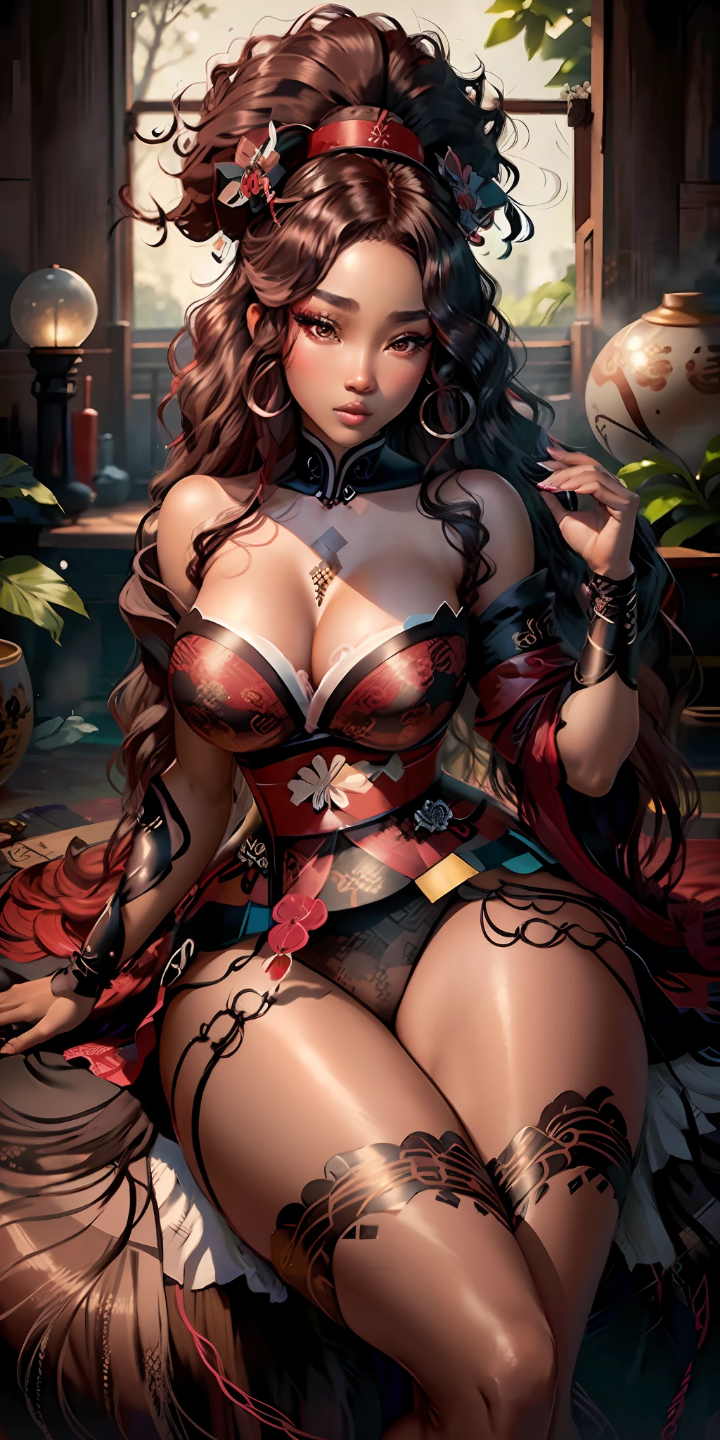 A gorgeous sexy ebony geisha with flowing flowing hair loose, dark skin, (realy luxuriant afro-textured hair), curvy, busty, (geisha eyes)