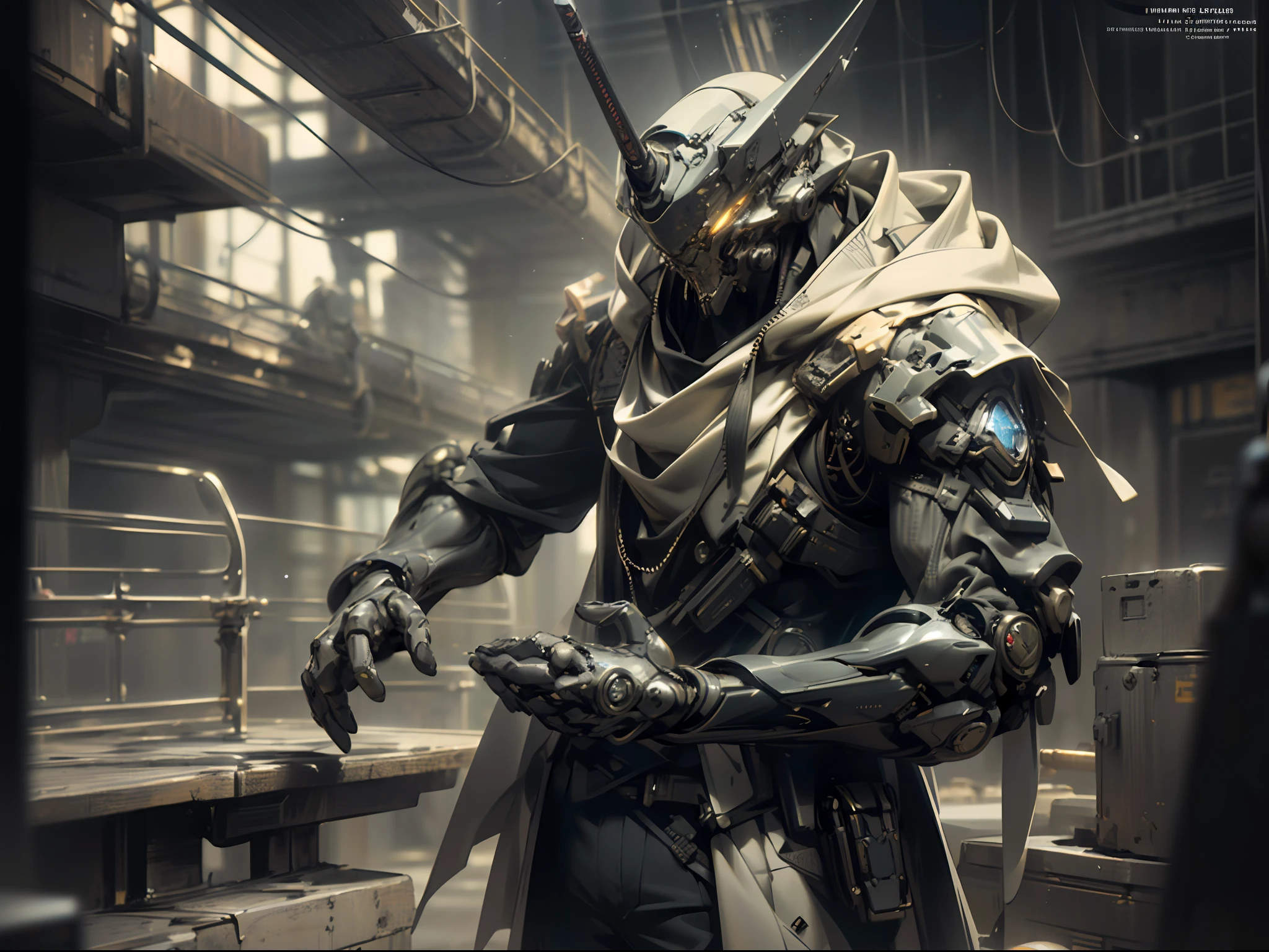 ((Best quality)), ((masterpiece)), (detailed:1.4), 3D, an image of a cyberpunk black male, HDR (High Dynamic Range),Ray Tracing,NVIDIA RTX,Super-Resolution,Unreal 5,Subsurface scattering,PBR Texturing,Post-processing,Anisotropic Filtering,Depth-of-field,Maximum clarity and sharpness,Multi-layered textures,Albedo and Specular maps,Surface shading,Accurate simulation of light-material interaction,Perfect proportions,Octane Render,Two-tone lighting,Wide aperture,Low ISO,White balance,Rule of thirds,8K RAW, anime - style man in a white and black outfit with a gun, cyborg merchant