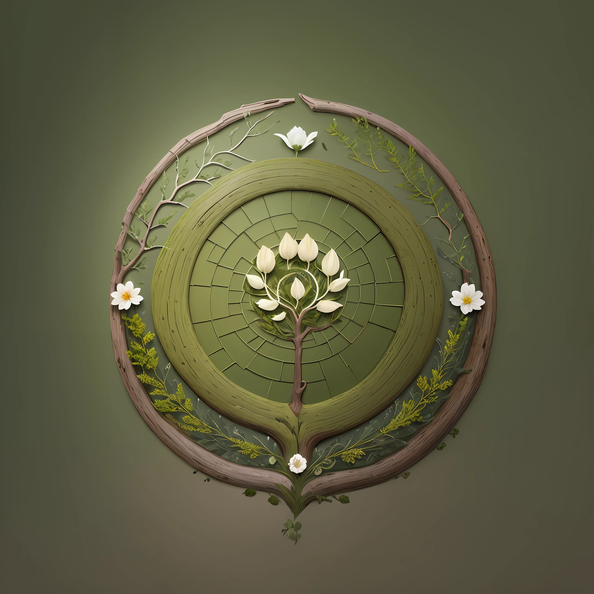 Minimalist logo, icons and stylized illustrations of roots and flowers, subtle and earthy colors, shades of moss green, earth brown, cream and light gray, sense of nature, authenticity. Elegant font with name "Roots Fragrans" that complements the icon or illustration. --auto --s2
