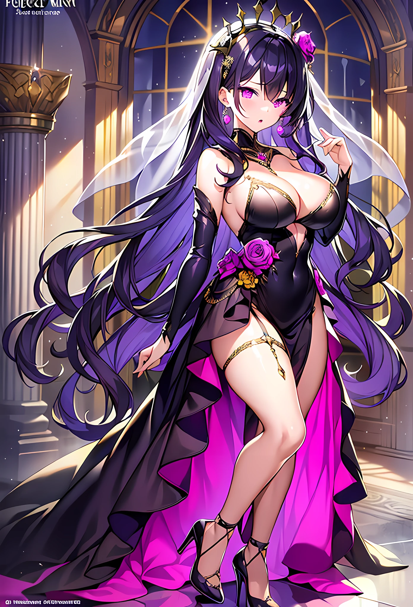 (masterpiece, reflections, atmospheric lighting, dynamic lighting), best quality, 1girl, perfect figure, perfect body, perfect face, black hair, long luscious curly hair, purple eyes, glowing void eyes, delicate fingers, blushing, shy, embarrassed, lewd, scared, open mouth, black crown, jewel crown, wing crown, black dress, strapless dress, wedding dress, evening dress, lingerie dress, black high heels, sexy pose