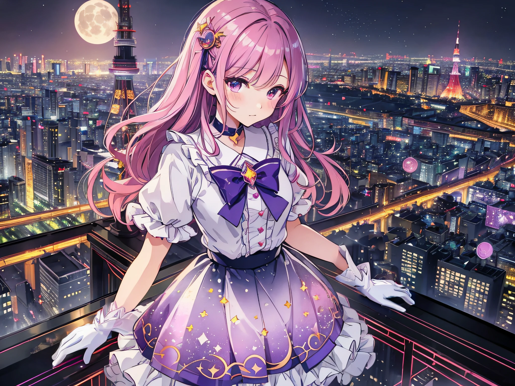 White gloves with purple ribbon on the wrist