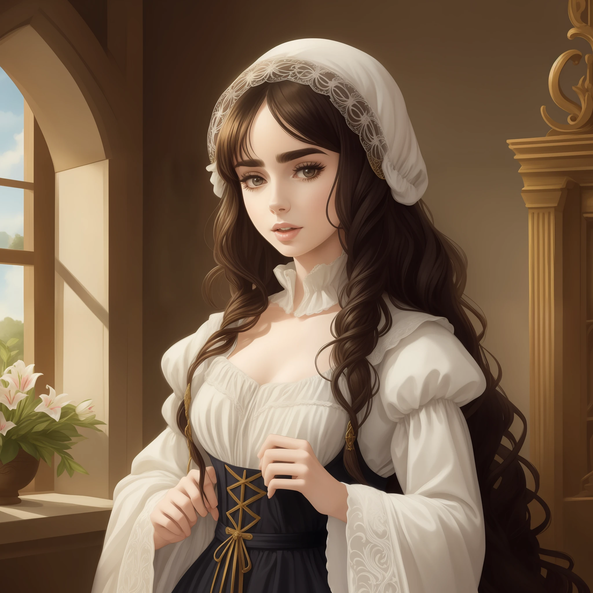 Lily Collins with long black curly hair in a white medieval chemise, medieval clothes, the illustration is detailed, smooth and bright, HD