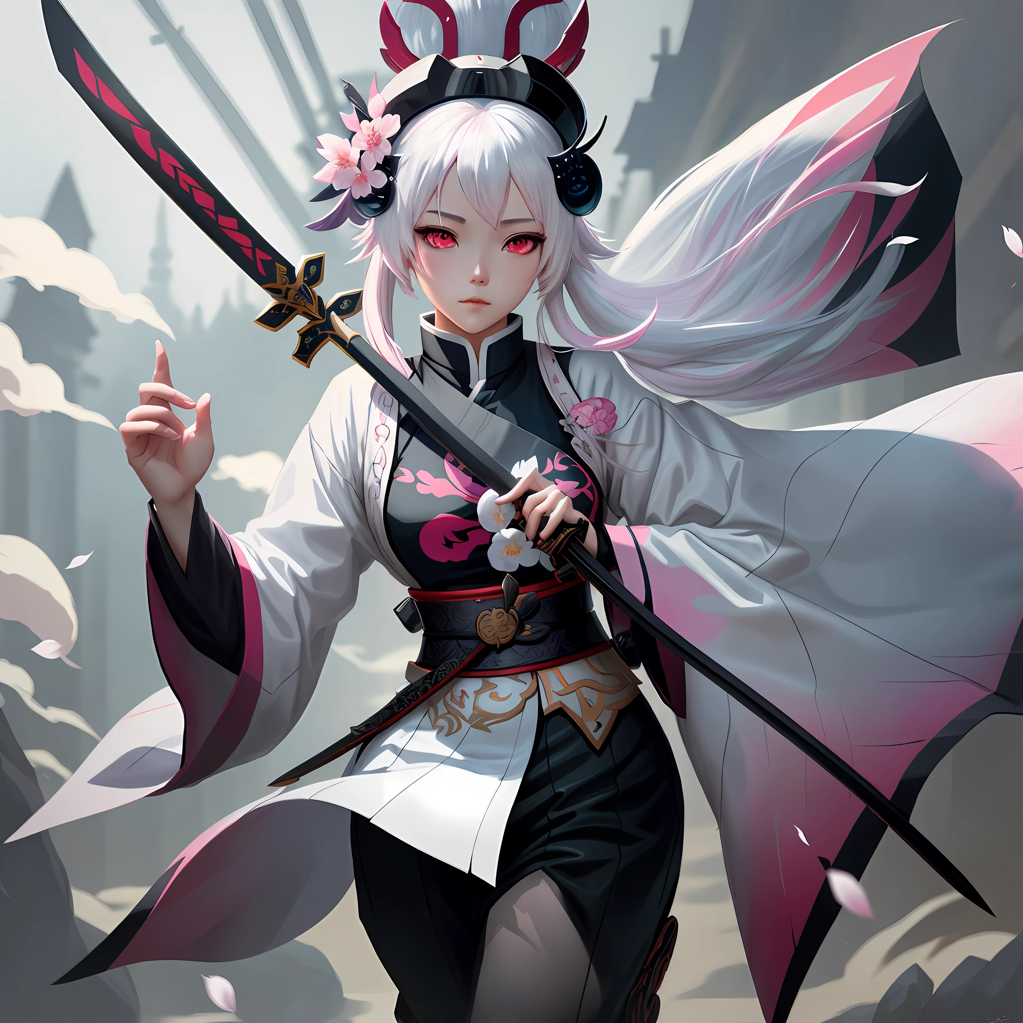 Pink eyes girl, long white hair, anime with a sword and a white cover with cherry blossom print, detailed onmyoji art, onmyoji portrait, onmyoji, Demon Slayer Rui fanart, demon slayer artstyle, guweiz style art, guweiz in artstation pixiv, white-haired deity, detailed digital anime art, guweiz in pixiv artstation