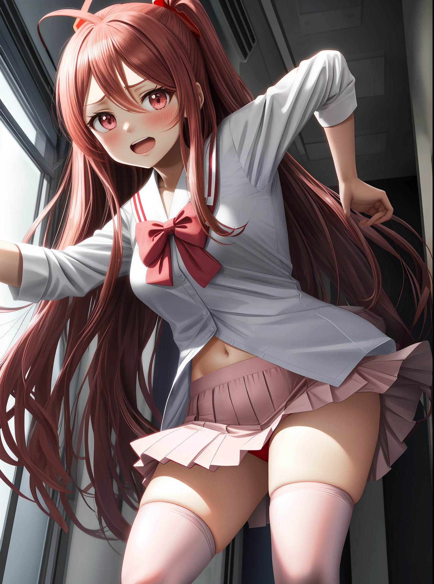 Orihime, solo, white shirt with red bowtie, gray skirt, stockings, school hallway, hair ornament, embarassed, open mouth, blush, from below, shot, pink panti