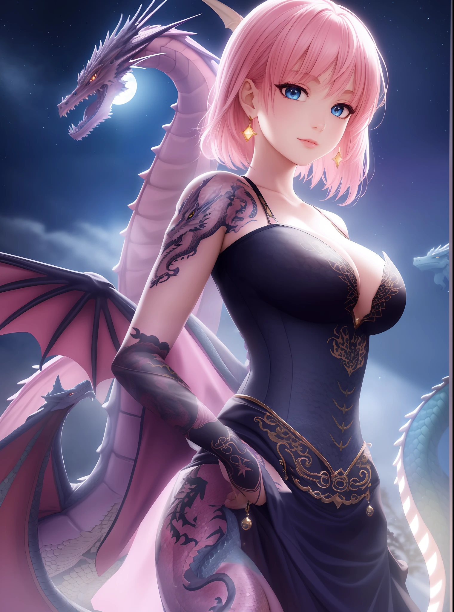 extremely detailed CG unity 8k wallpaper,masterpiece, best quality, ultra-detailed, beautiful detailed eyes:1.2,best illumination, (best shadow, an extremely delicate and beautiful, bloom),dragon_real, (1gril),solo,pink hair,(blue eyes:1.1),short hair,Bare shoulders,black dress,jewel,earrings,bare legs, (pink dragon:1.4),(tattoos and dragon),collarbone,lips,moon,gigantic hanging breasts,White silk stockings,lace,Anime face,2.5D,8k, Beautiful facial features,starry sky,Complex decoration,Black Armor,looking at viewer,Strong lighting,light and shadow texture,texture details,