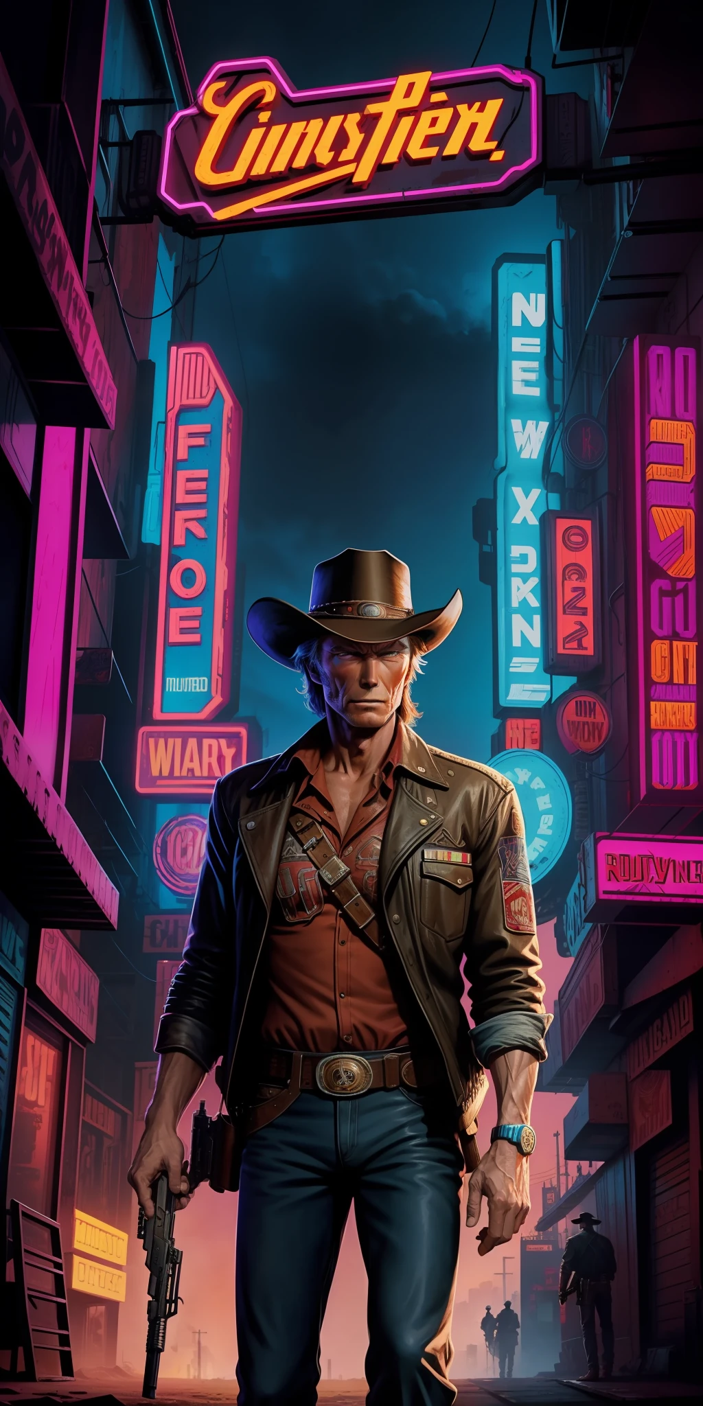 80s movie poster, Clint Eastwood as a cowboy, holding a pistol, Wild West background, highly detailed, masterpiece,(cyberpunk) (neon)