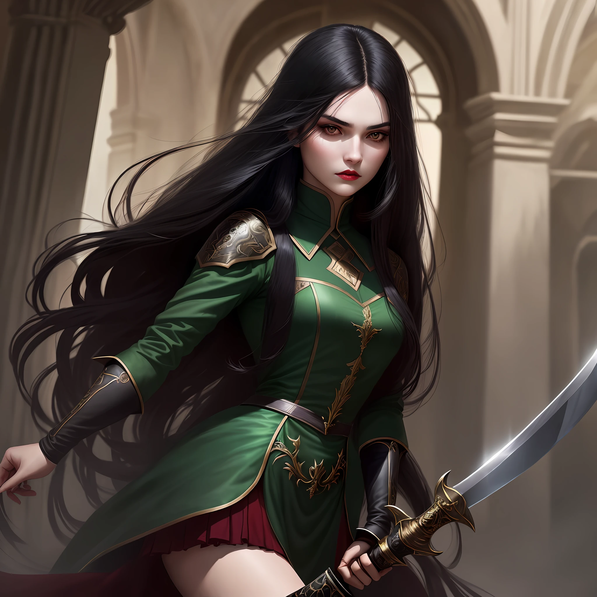 A beautiful young woman with fair skin, long black hair, emerald eyes, burgundy lips, standing with a sword close to her face, with an expression of someone who desires revenge