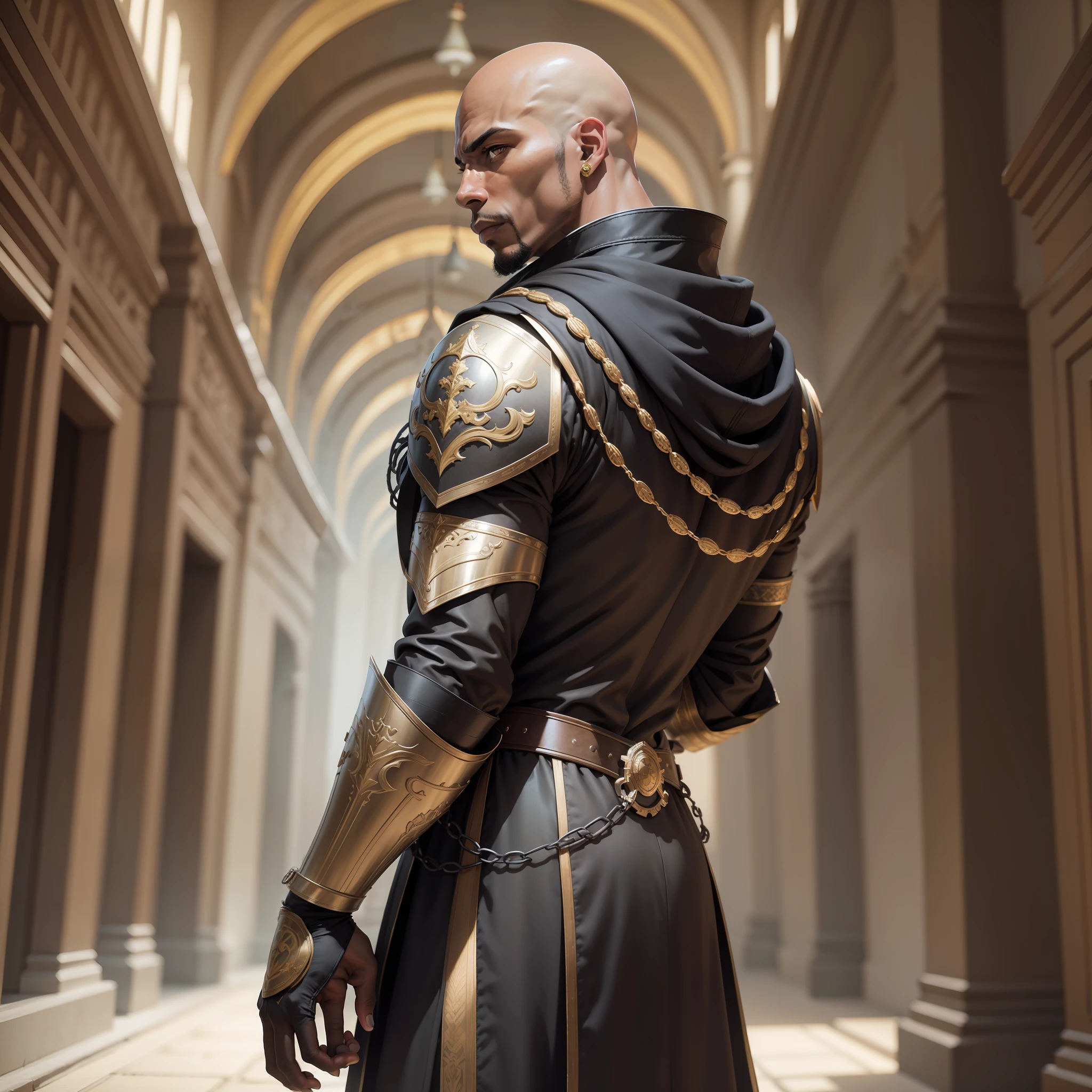 Realistic image of a black man, bald, very strong, black eyes and well detailed, dressed in black cleric's clothes, shoulder pads, standing on his back, looking back, determined expression, inner hall of a palace