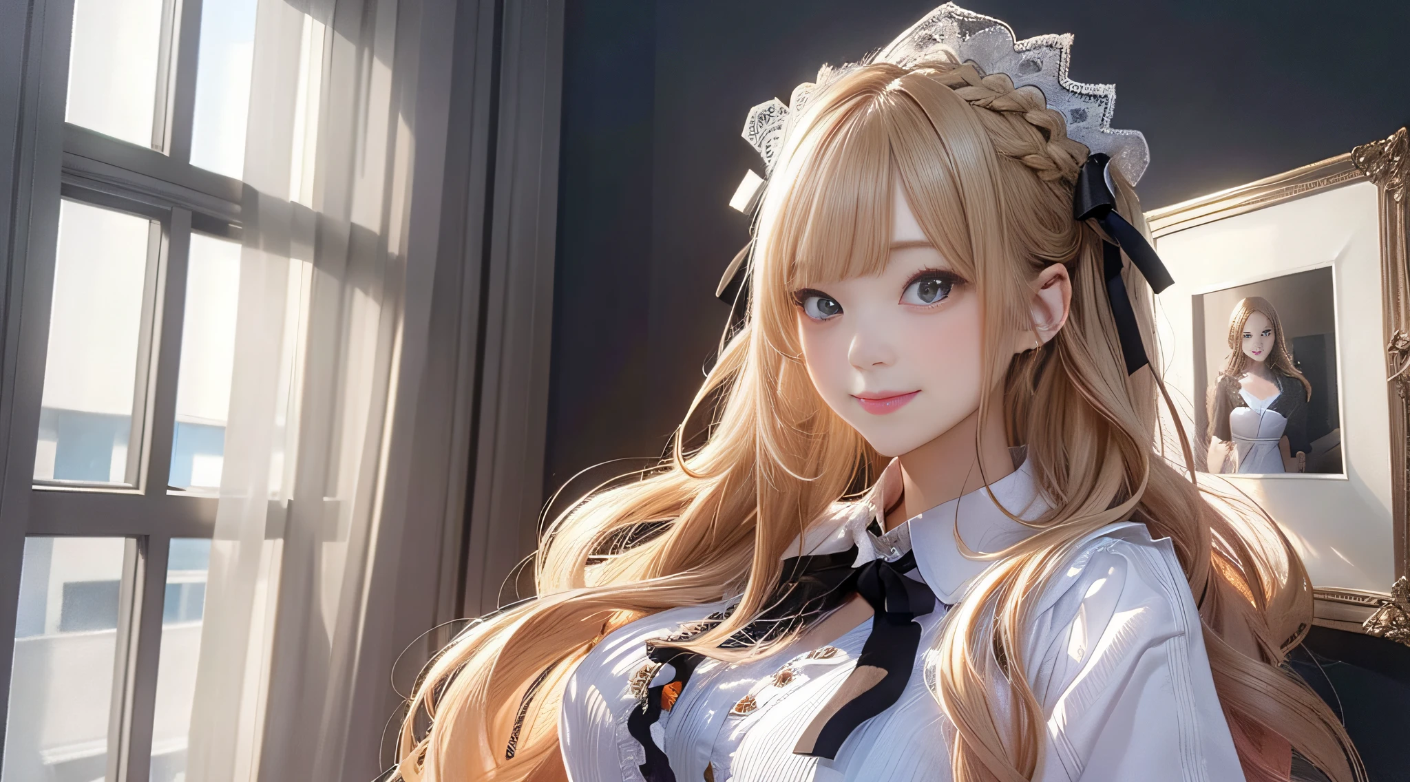(Masterpiece: 1.1),(Best Quality:1.1),(Very High Definition:1.1),(Ultra High Definition CG Unity 8k Wallpaper:1.1),1 Adult Female Doctor,Portrait Photo,(Has Breasts on Desk:1.4),Tall,Ultra Long Blonde Hair,Braided Hair,Plump,(Ribbon:1.3),White Shirt with Closed Chest,Long Grey Skirt,(Shy :1.3),Smile,Balanced Face, Thick lips with detailed luster, detailed super calm expression, looking at camera, smile, black background