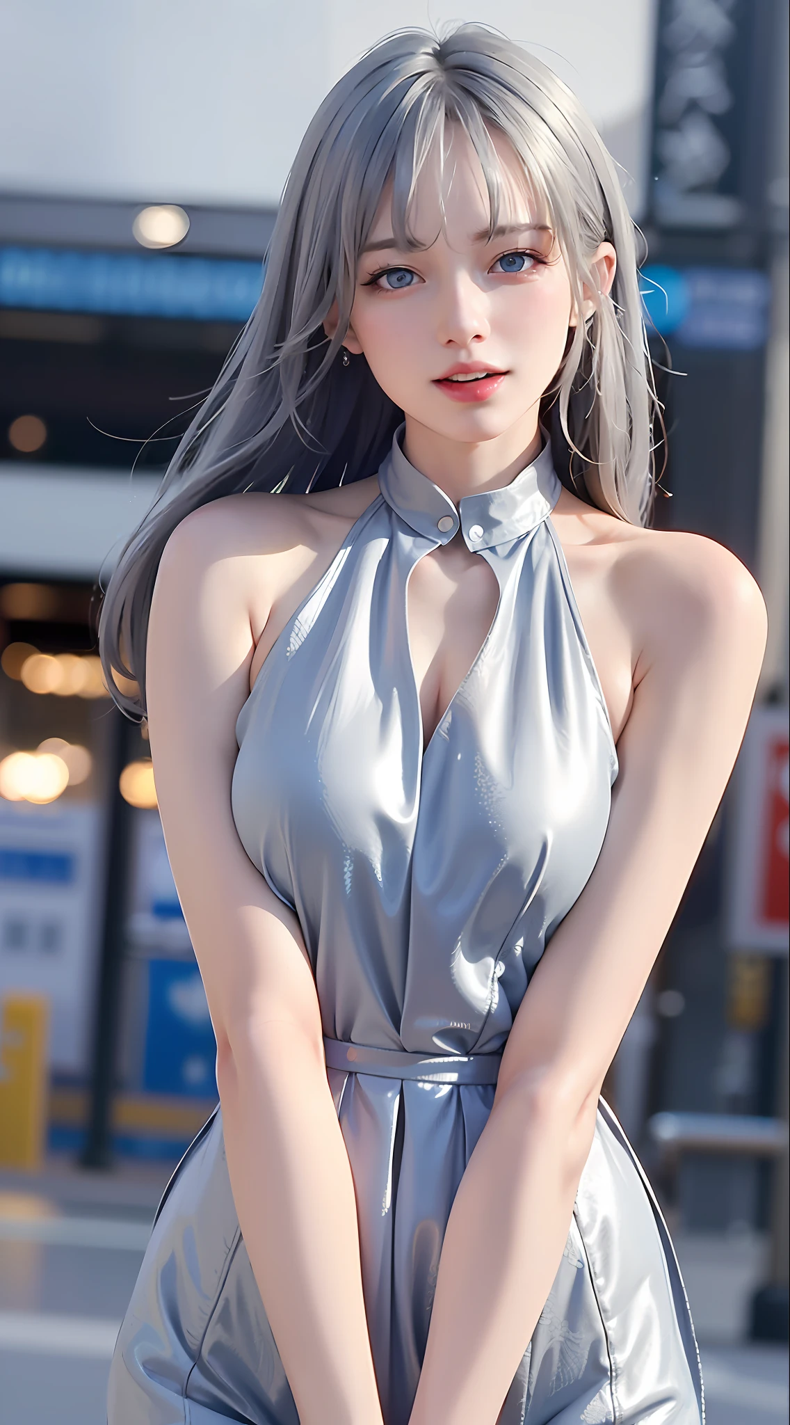 (Top Quality, Masterpiece 1.2), (Detailed Eyes: 1.2), Intricate Details, Depth of Field, 1 Girl, Cute, ????, Medium, Slender, Hair Color Blue Silver, Blue Eyes, Big Mouth, Thick Lips, Showing Teeth and Laughing, Full Body, City, Neon, Neon Light, Night, Moon,