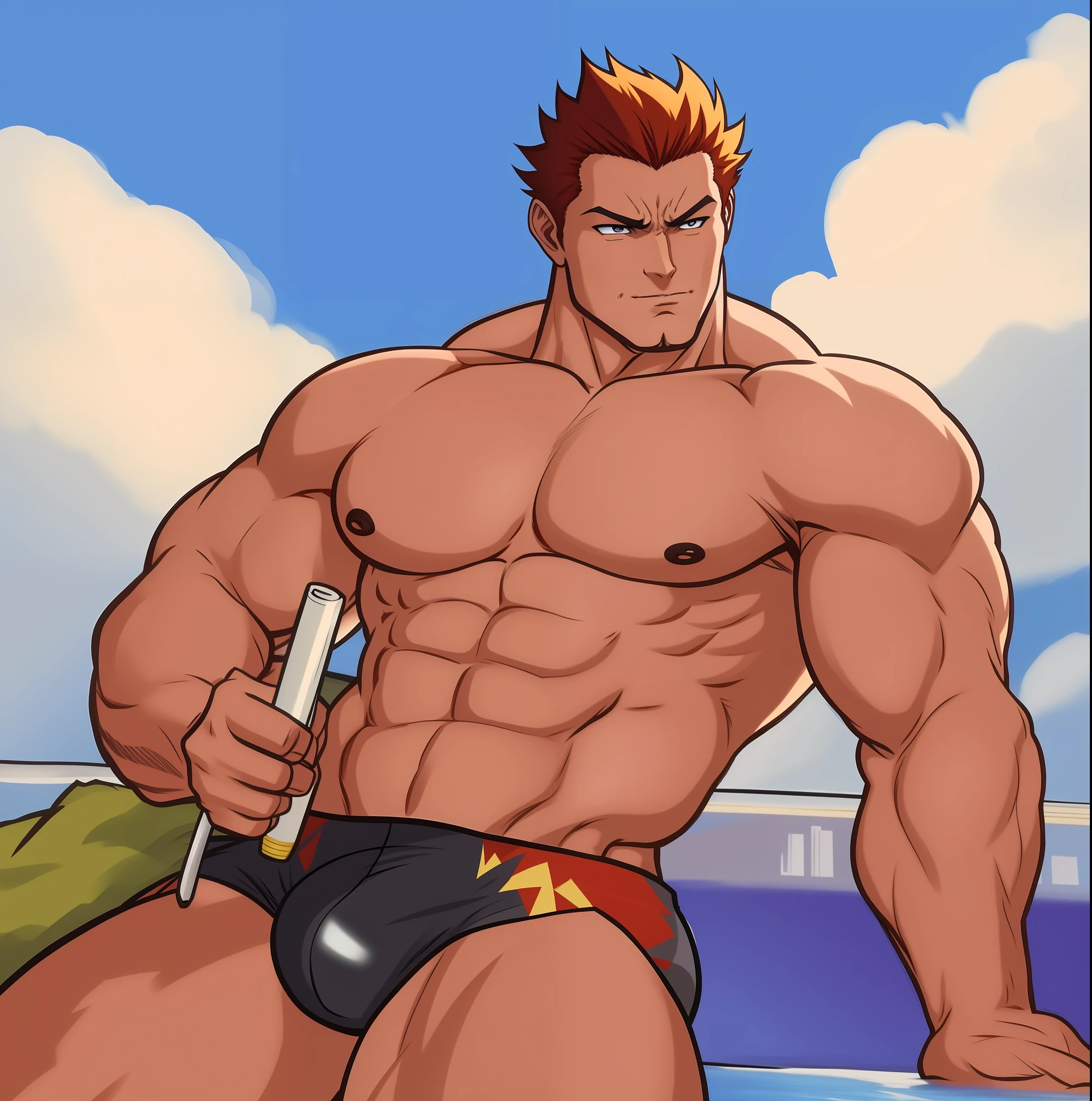 Endeavor, bodybuilder, tall and muscular,muscular body, anime art, tight black panties