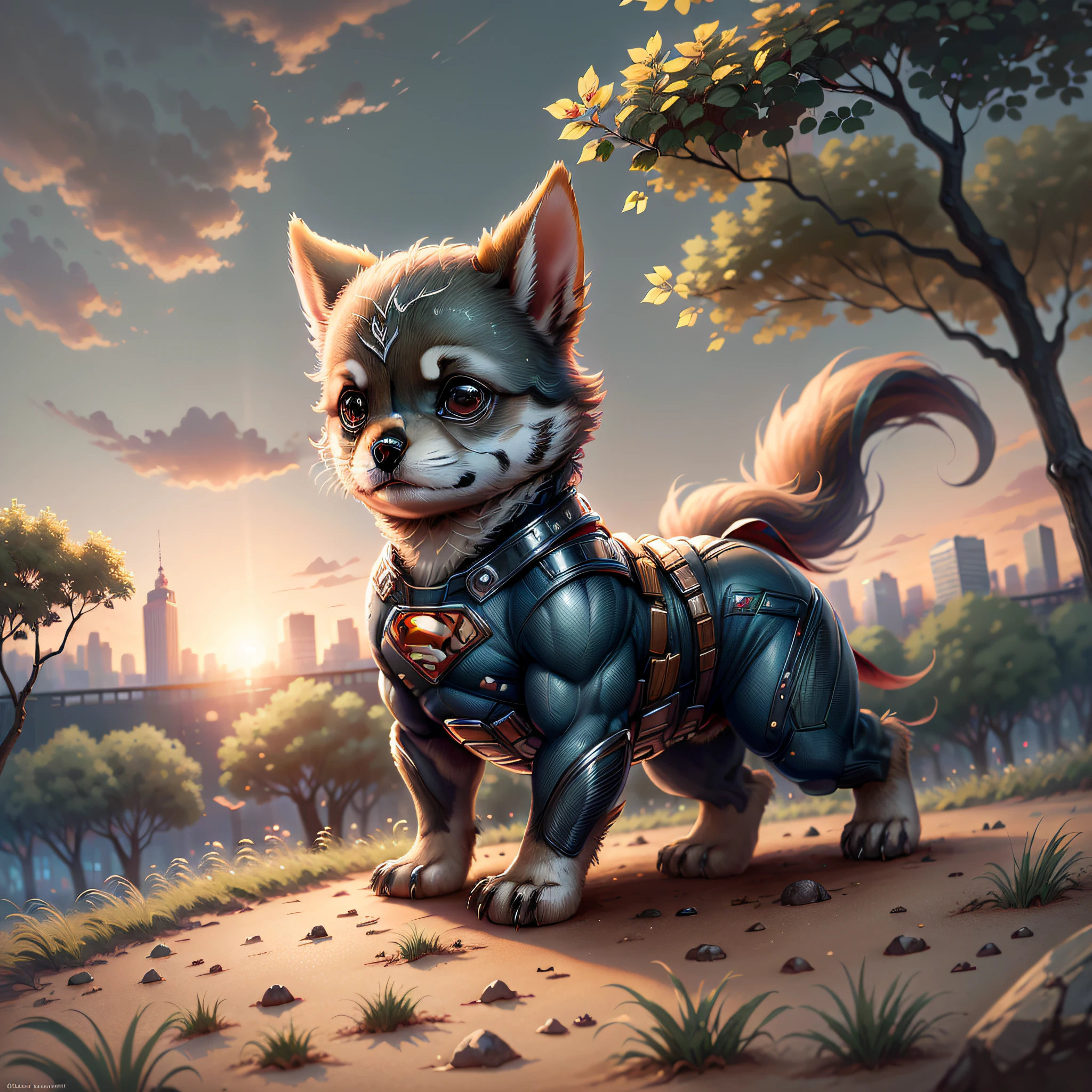 (extremely detailed), better quality, 8k image with ability to show all the details, a super tender puppy in Superman suit, looks very dynamic in a park at sunset, surrounded by lots of vegetation and amazing lights.