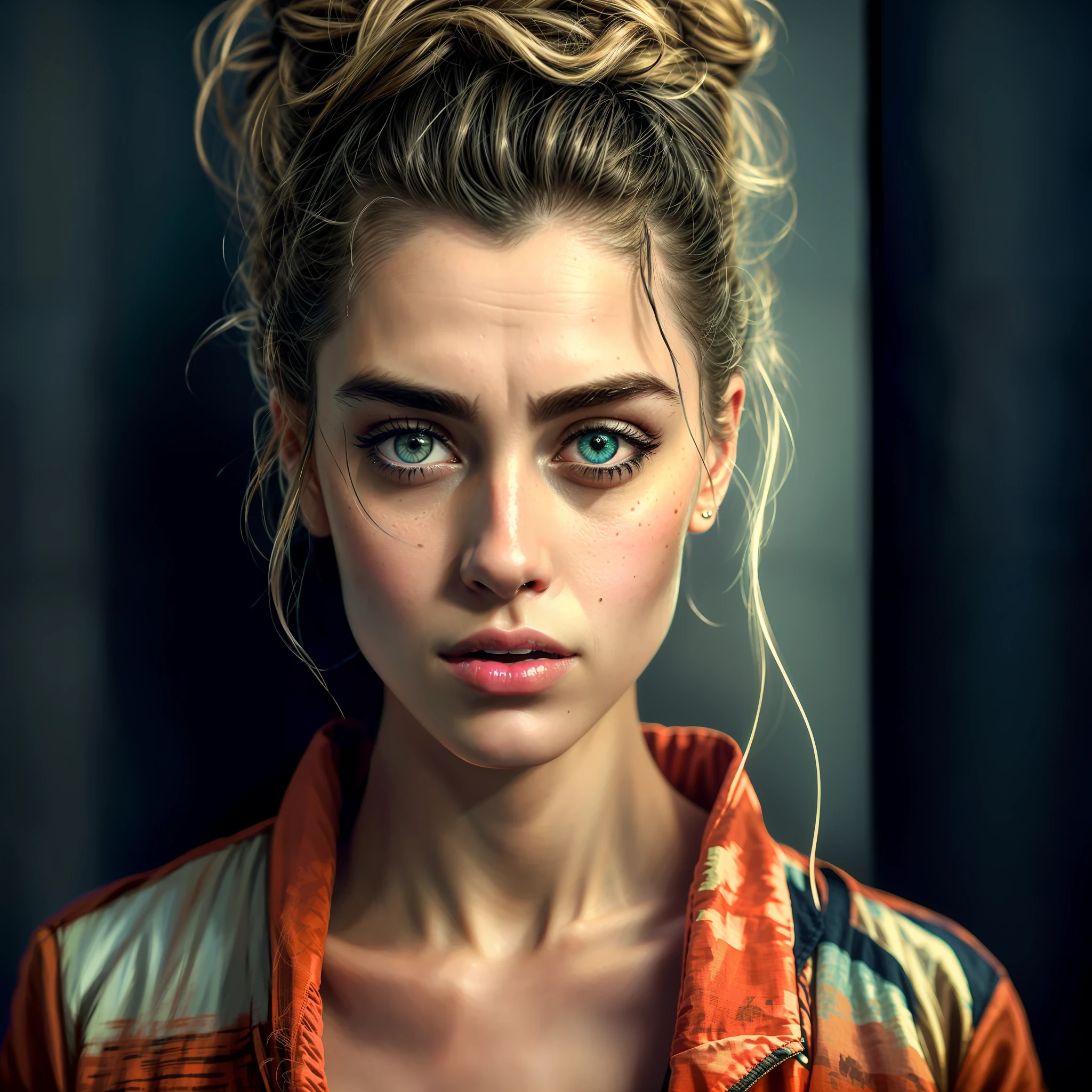 arafed woman with a messy bun in a jacket and a shirt, expressive beautiful portrait, 8k artistic portrait photography, stunning portrait, color photograph portrait 4k, soft portrait shot 8 k, gorgeous face portrait, ultra realistic digital painting, cinematic portrait, by Arik Brauer, cinematic realistic portrait, highly realistic digital art, cgsociety portrait, ultra realistic digital art