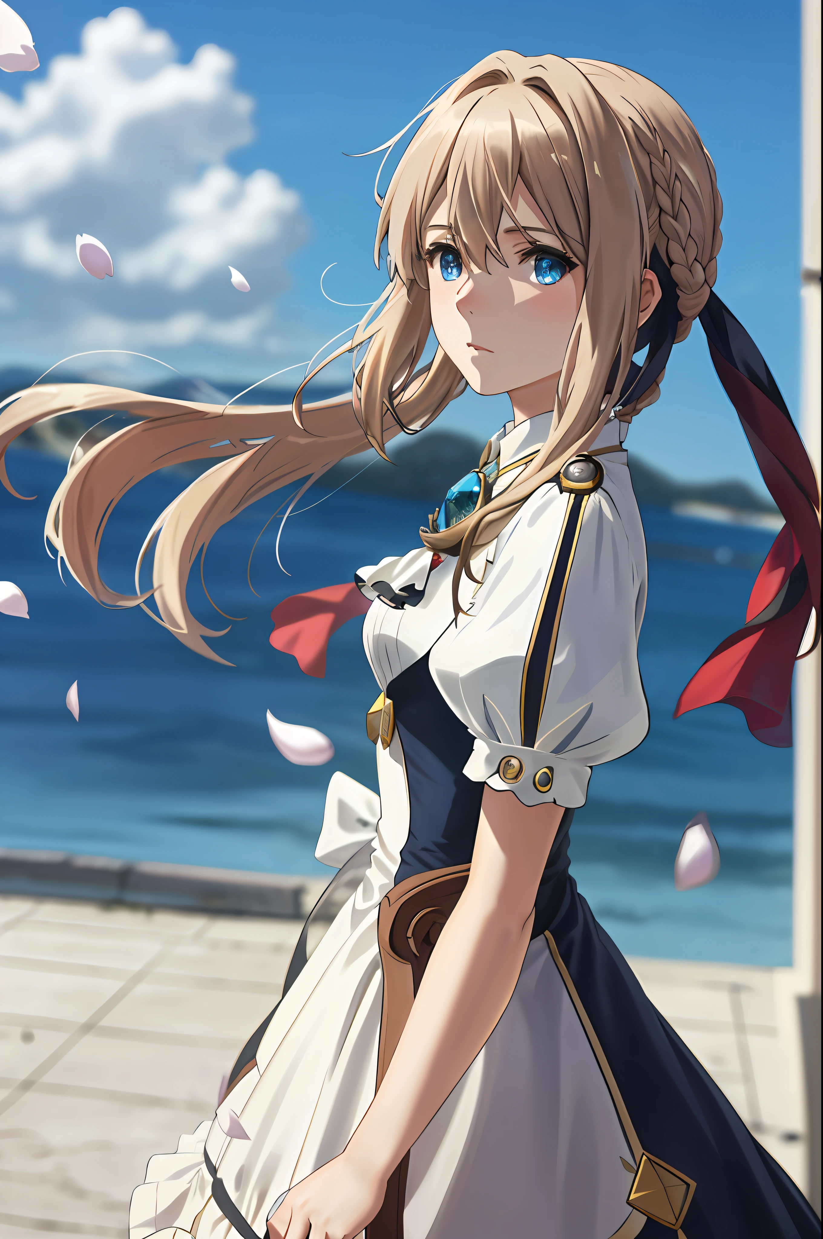 (dynamic angle:1.3),windy,cinematic highlight,tyndalleffect,1girl,upper body,raised arm,looking at viewer, , extreme close up,violet_evergarden, solo, jewelry, expressionless,brooch, blonde_hair,( vevry long hair:1.2),messy_hair,floating hairlong_sleeves, ribbon, blue_eyes, jacket, dress, gem, hair_ribbon,sky, depth_of_field, flower field, flying petal,Motion blur,from side,
masterpiece,
