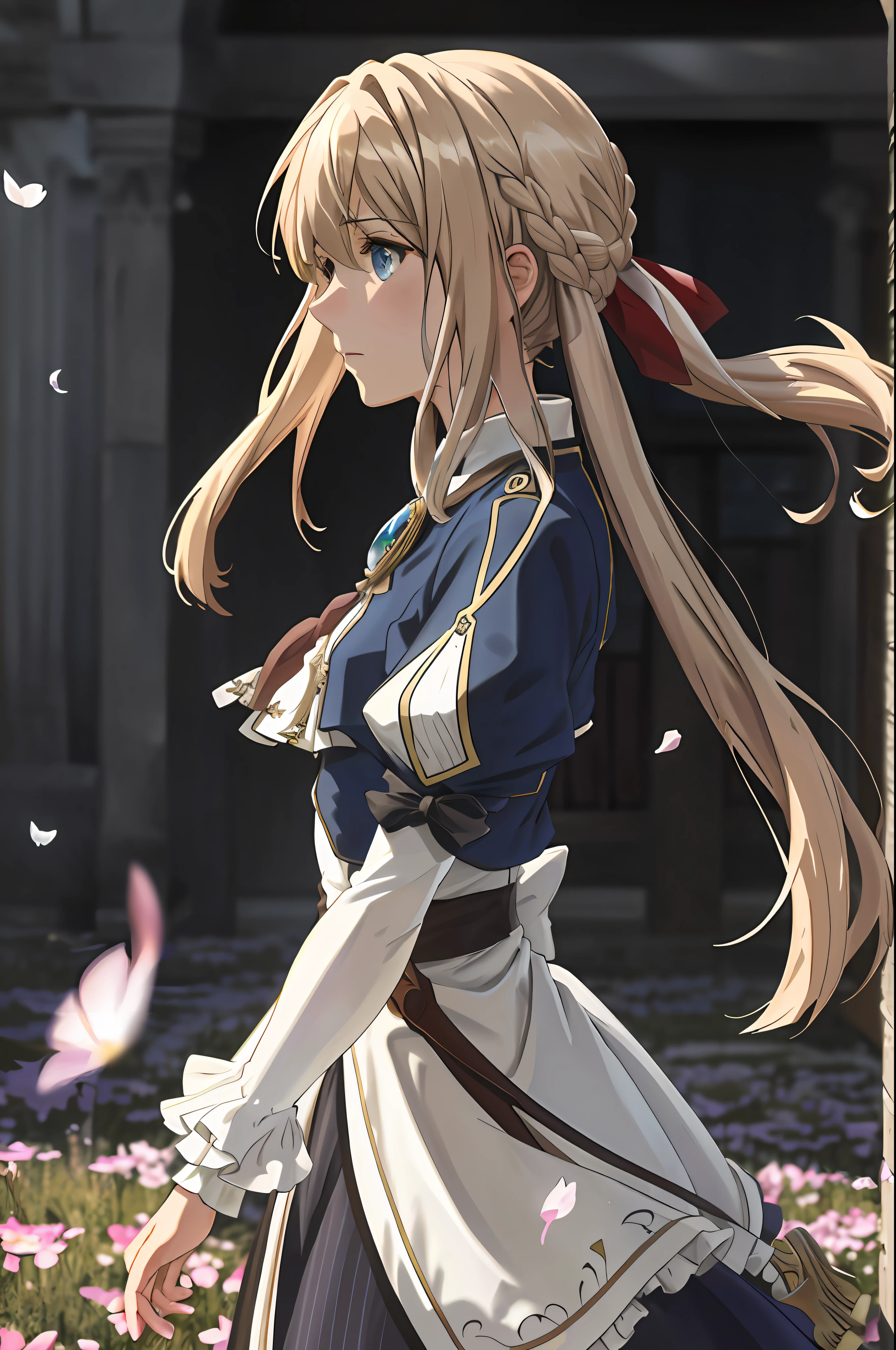 (dynamic angle:1.3),windy,cinematic highlight,tyndalleffect,1girl,upper body,raised arm,looking at viewer, , extreme close up,violet_evergarden, solo, jewelry, expressionless,brooch, blonde_hair,( vevry long hair:1.2),messy_hair,floating hairlong_sleeves, ribbon, blue_eyes, jacket, dress, gem, hair_ribbon,sky, depth_of_field, flower field, flying petal,Motion blur,from side,
masterpiece,