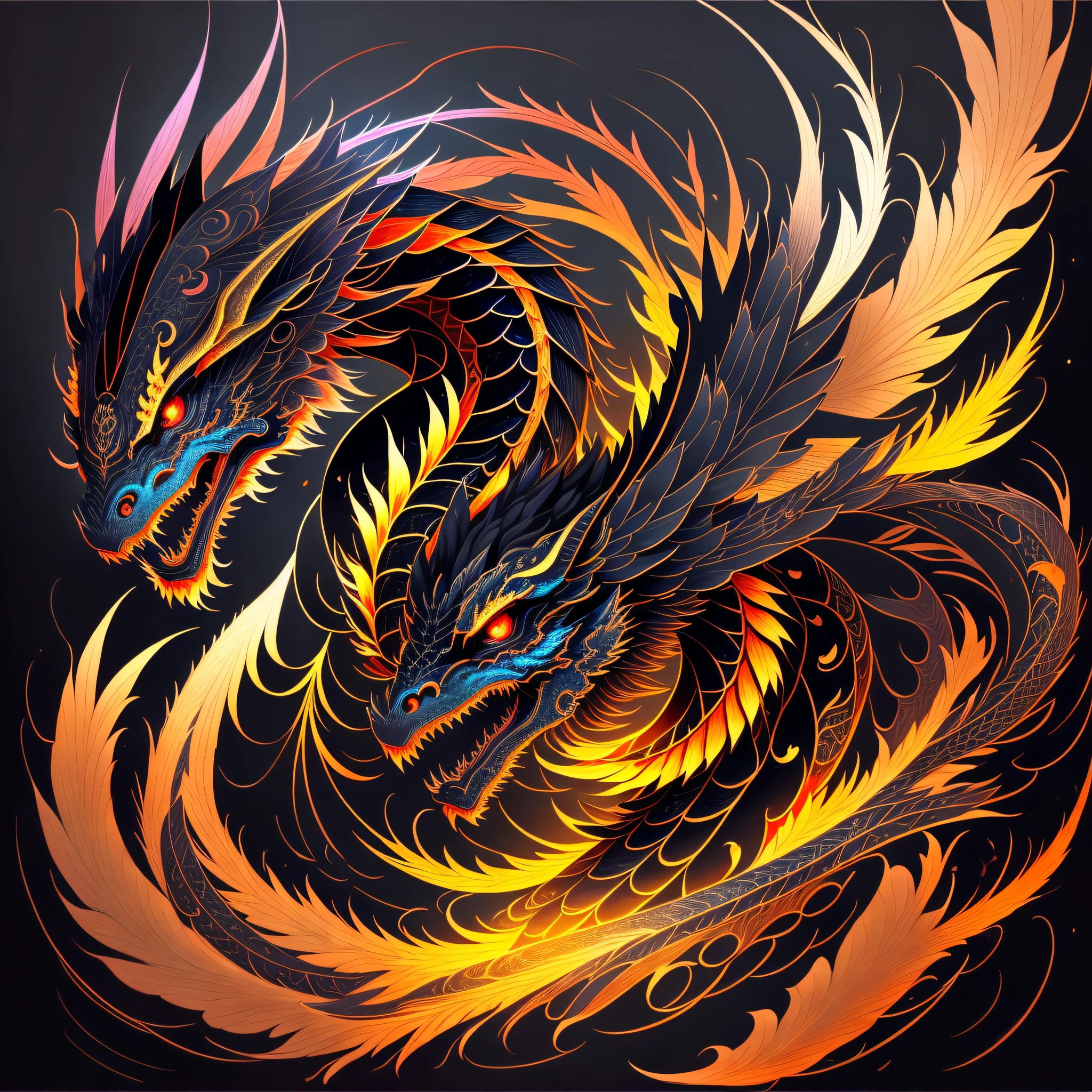 a painting of a Chinese dragon on a black background,, breathtaking rendering, within a radiant connection, inspired by Kinuko Y. Craft,, magical elements, icon a Chinese dragon, wow, is beautiful, casting a multi colorful spell, bright flash, flash