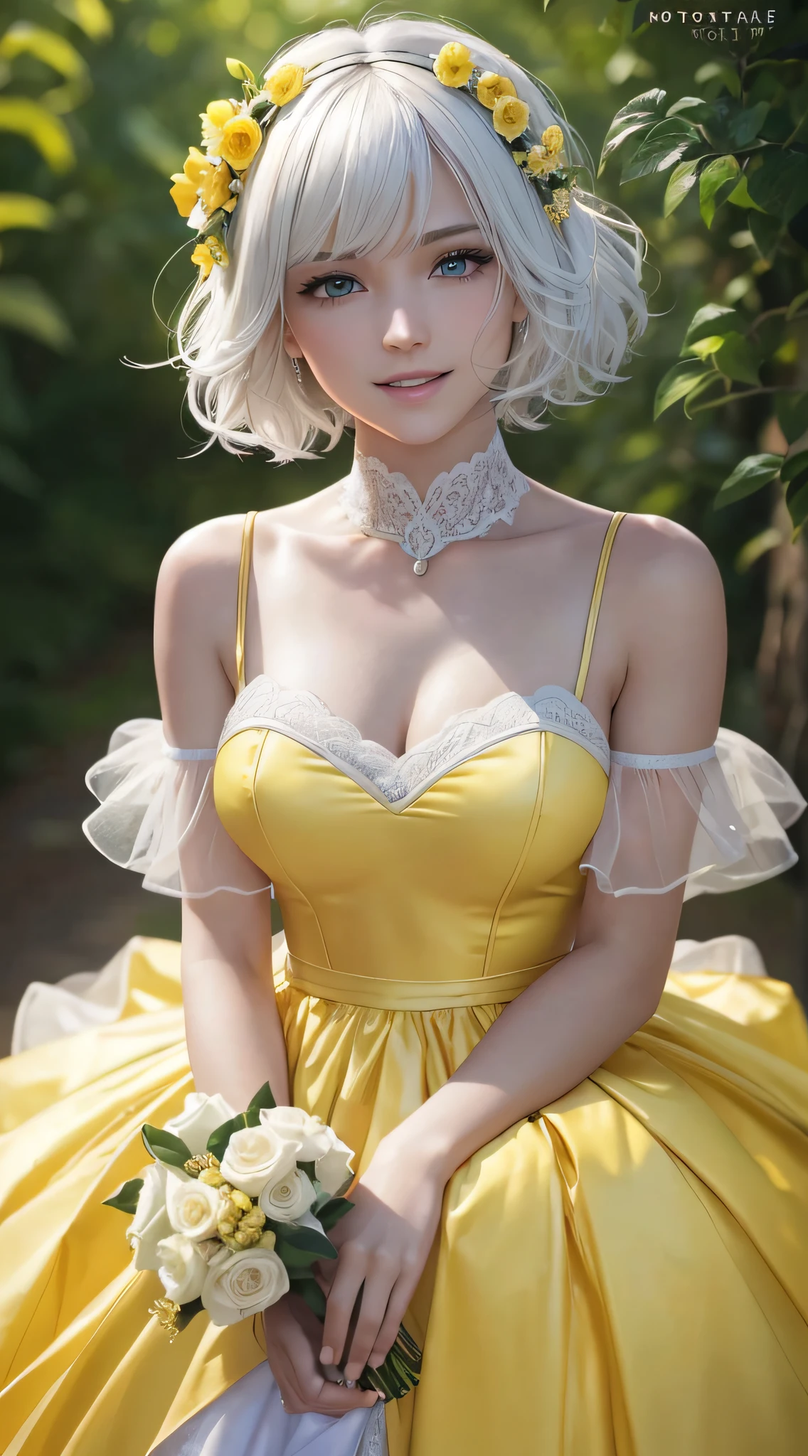 (RAW Photo: 1.2), (Photorealistic: 1.4), (Masterpiece: 1.3), (Best Quality: 1.4), Ultra High Resolution, (Detailed Eye Features), (Detailed Facial Features), (Detailed Clothing Features), HDR, 8k Resolution, Solo Focus, Bangs, Skin Tight, (Glossy Skin), (Slender Beautiful Girl), 18 years old, Check Commentary, Commentary Request, landscape, no letters, bob hair, short hair, white hair, blue eyes, one girl, full body, yellow costume, wedding dress, happy, smile