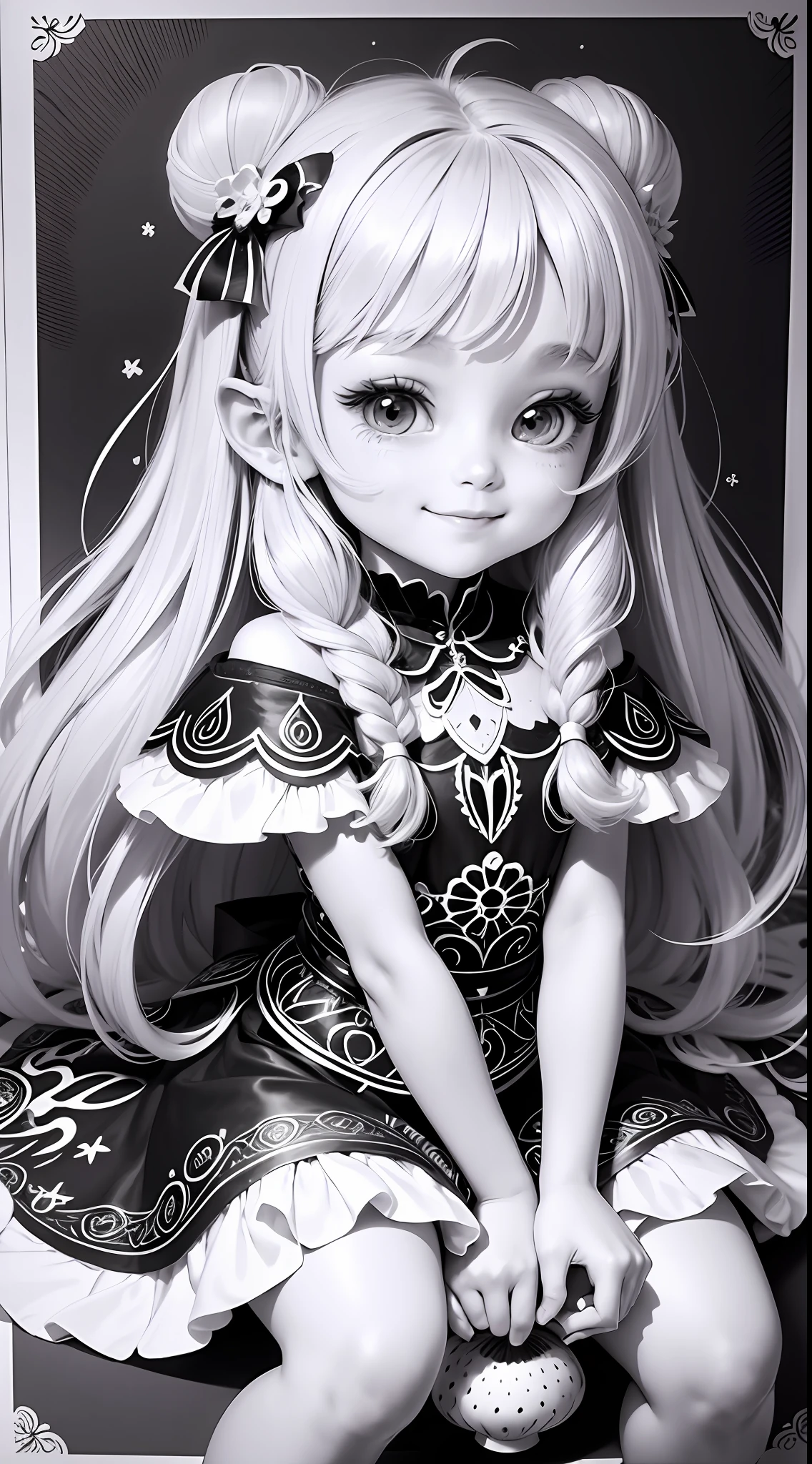 black and white coloring page a beautiful fairy, little girling sitting on a big dotted mushroom brushing her long hair clip art on white background, just the lines, black on white background, for coloring, in drawing form-- v 5 - --auto --s2
