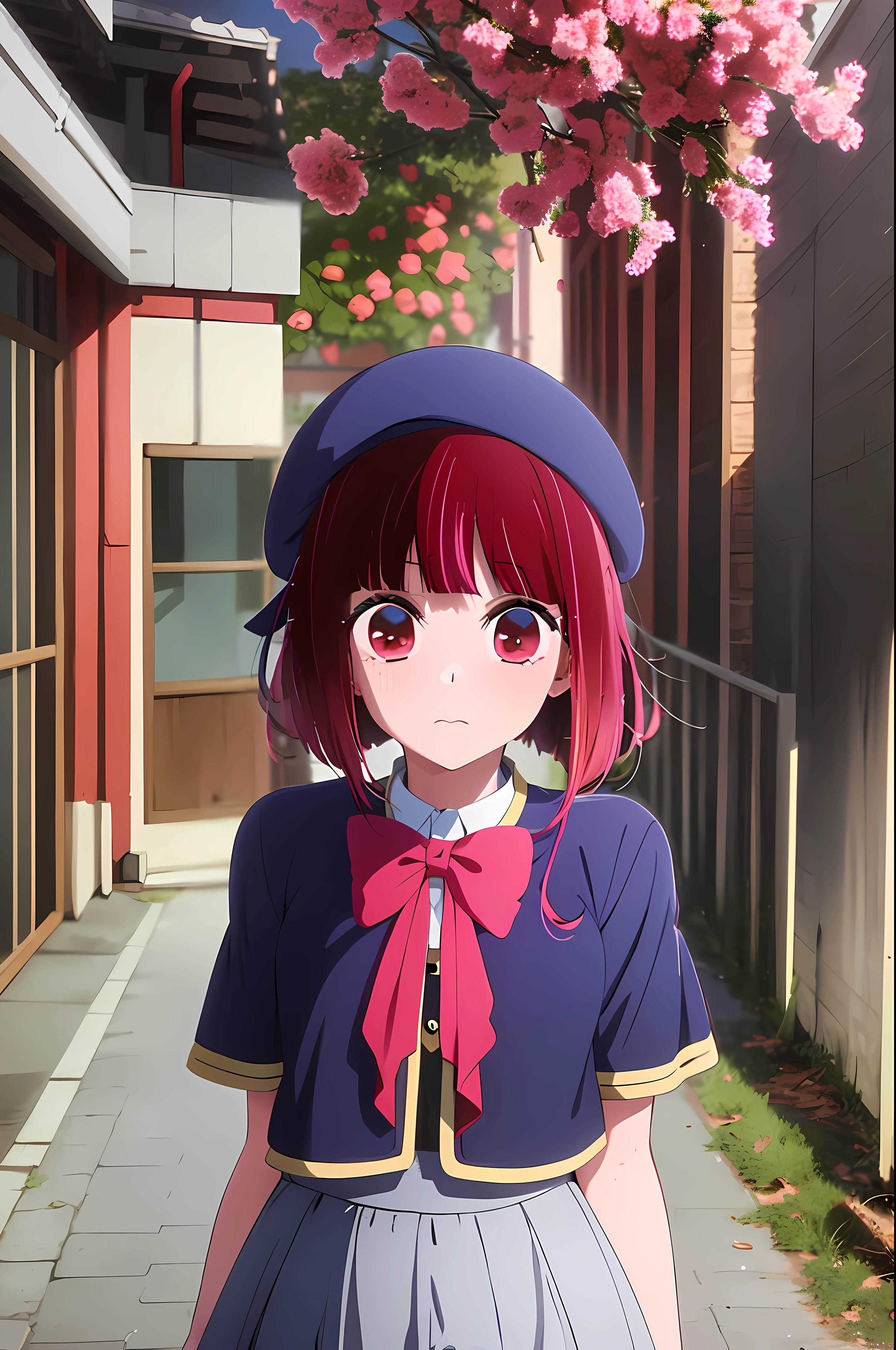 anime girl with red hair and a blue hat standing in front of a building, close up iwakura lain, iwakura lain, anime moe artstyle, anime visual of a cute girl, portrait anime girl, an anime girl, portrait of an anime girl, young anime girl, cute anime girl, anime style 4 k, smooth anime cg art