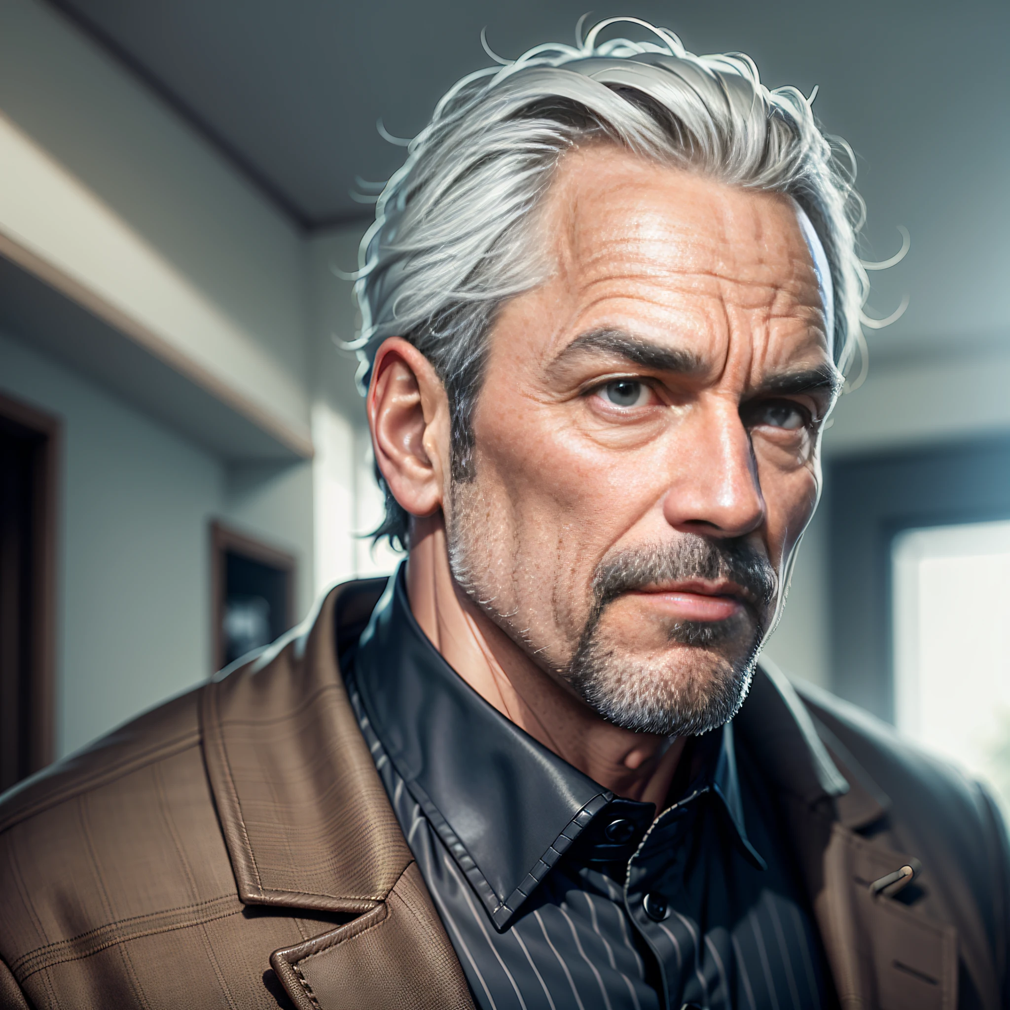 (1 middle-aged man), (little fat), sole, (52 years old), gray hair combed back. His eyes are small and black, hiding his ambition behind a calculating gaze. He has angular facial features, with furrowed brows and thin lips. He wears a dark suit, His posture is erect and his expression often carries a fake and manipulative smile., determined, Color Field painting, high detail, depth of field, cinematic lighting, Fujicolor, 85mm, Fujifilm, UHD, masterpiece, anatomically correct, textured skin, super detail, high details, high quality, best quality, highres, 16k