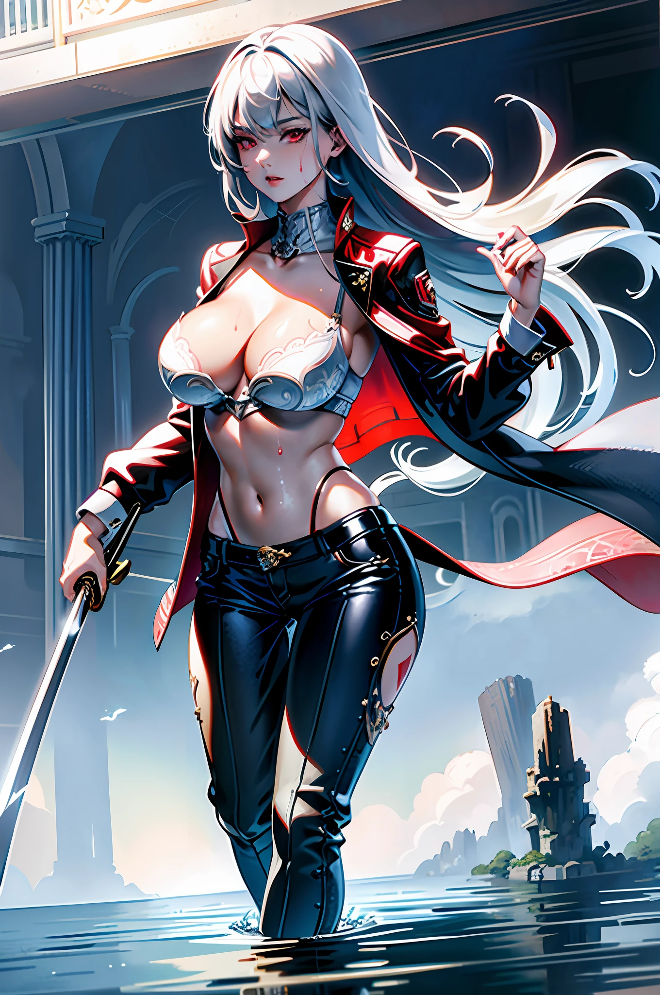 ((masterpiece)), (((best quality))), ((ultra detail)), ((illustration)), ((semi-realistic)), (reflections), sharp focus, front lighting, intense shadows, (beautiful detailed eyes), eyelashes, (extremely delicate and beautiful girl), ((red eye)), silver hair, (jacket), (trousers), long hair, (wielding a katana), ((detailed eyes)), ( cold-blooded), (((big chest))), shiny skin, cinematic lighting mask, ray tracing, depth of field, dynamic angle, looking at the viewer, ((epic background)), (difficulty 1.4), highly detailed fingers, highly detailed hand, highly detailed full body, highly detailed face and eyes, (Large breasts), ((Breasts Open up)), fully body views, standing, high detail legs, chest open, wet body, wet hair, curvy wet body,