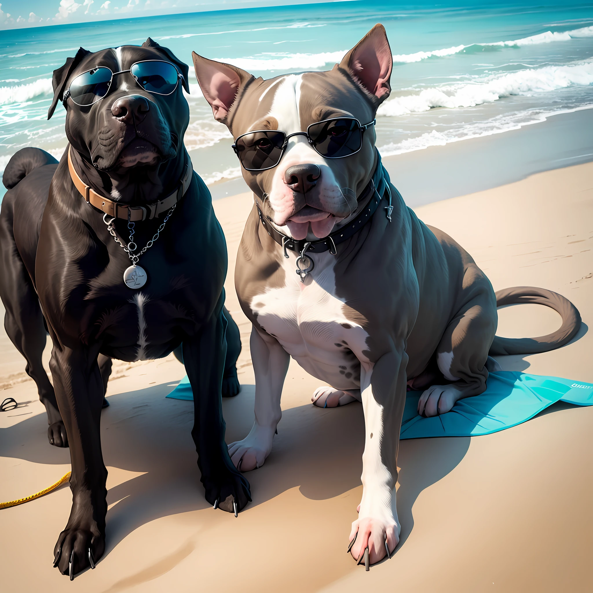 Imagine a pitbull at the beach wearing sunglasses with a tough-looking expression. It has a shiny coat with shades of gray, black, and white. The beach has white, fine sands with palm trees around. The turquoise sea forms gentle waves. The dog displays a defiant yet playful expression. It radiates positive energy and enjoyment, savoring the sunny day at the beach.