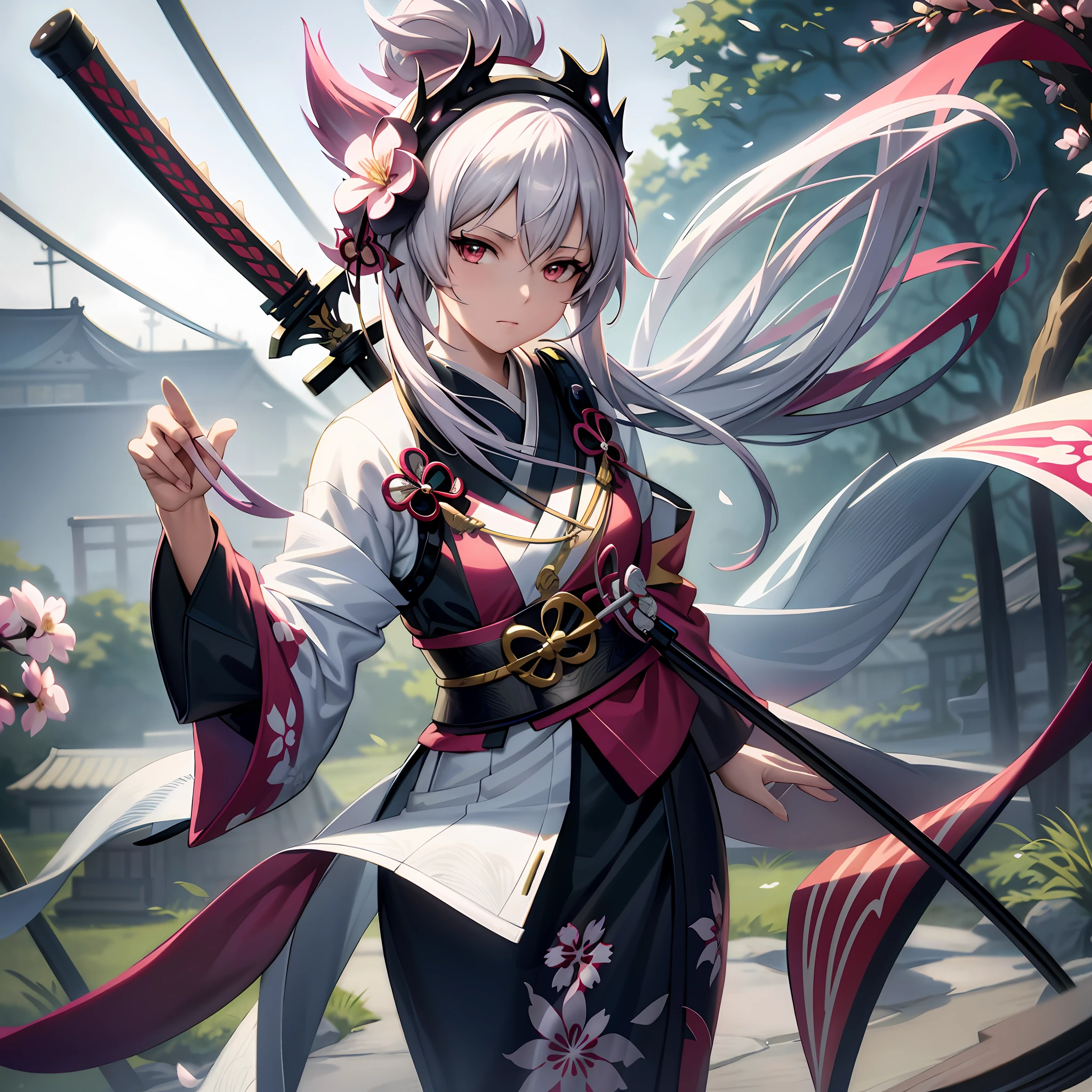 Anime girl with white hair and pink hair holding a sword, kimono with cherry blossom print, detailed onmyoji art, onmyoji, onmyoji portrait, guweiz style art, guweiz in pixiv artstation, guweiz in artstation pixiv, rossdraw sakimimichan, extremely detailed artgerm, cushart krenz female key art