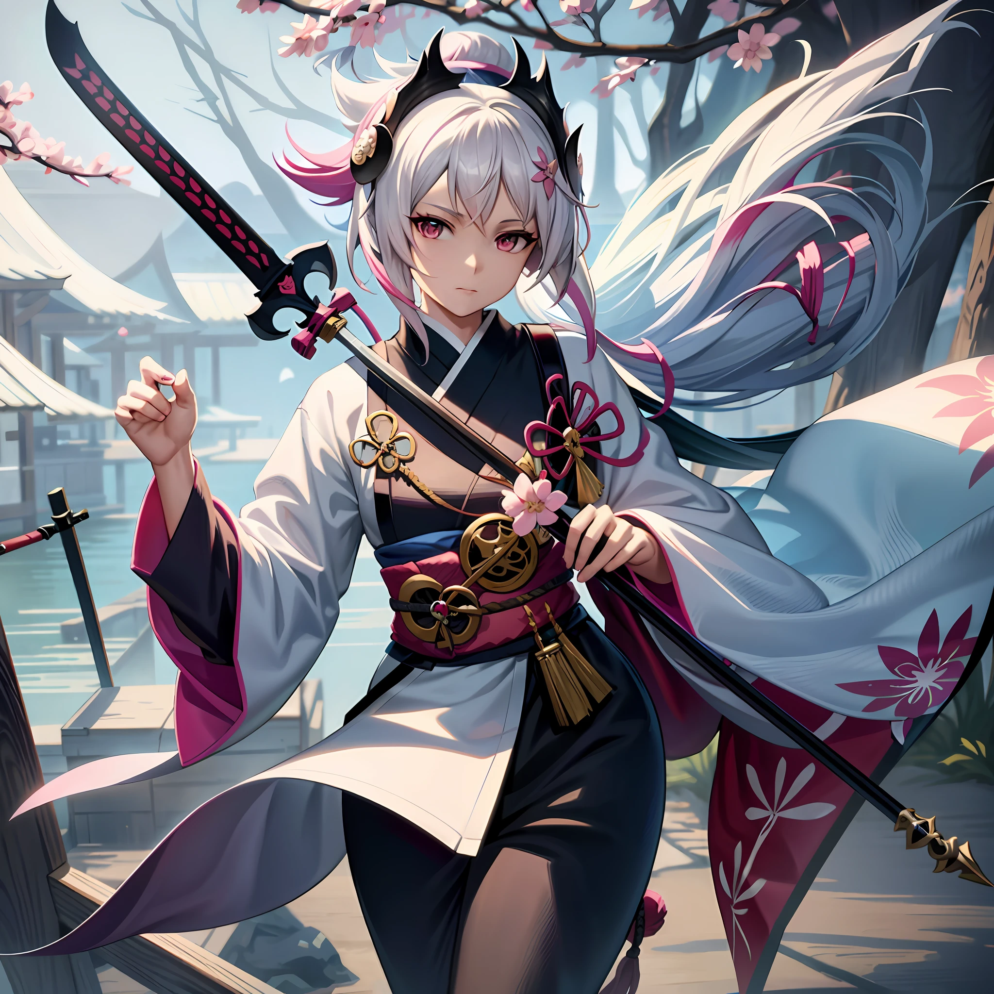 Anime girl with white hair and pink hair holding a sword, kimono with cherry blossom print, detailed onmyoji art, onmyoji, onmyoji portrait, guweiz style art, guweiz in pixiv artstation, guweiz in artstation pixiv, rossdraw sakimimichan, extremely detailed artgerm, cushart krenz female key art