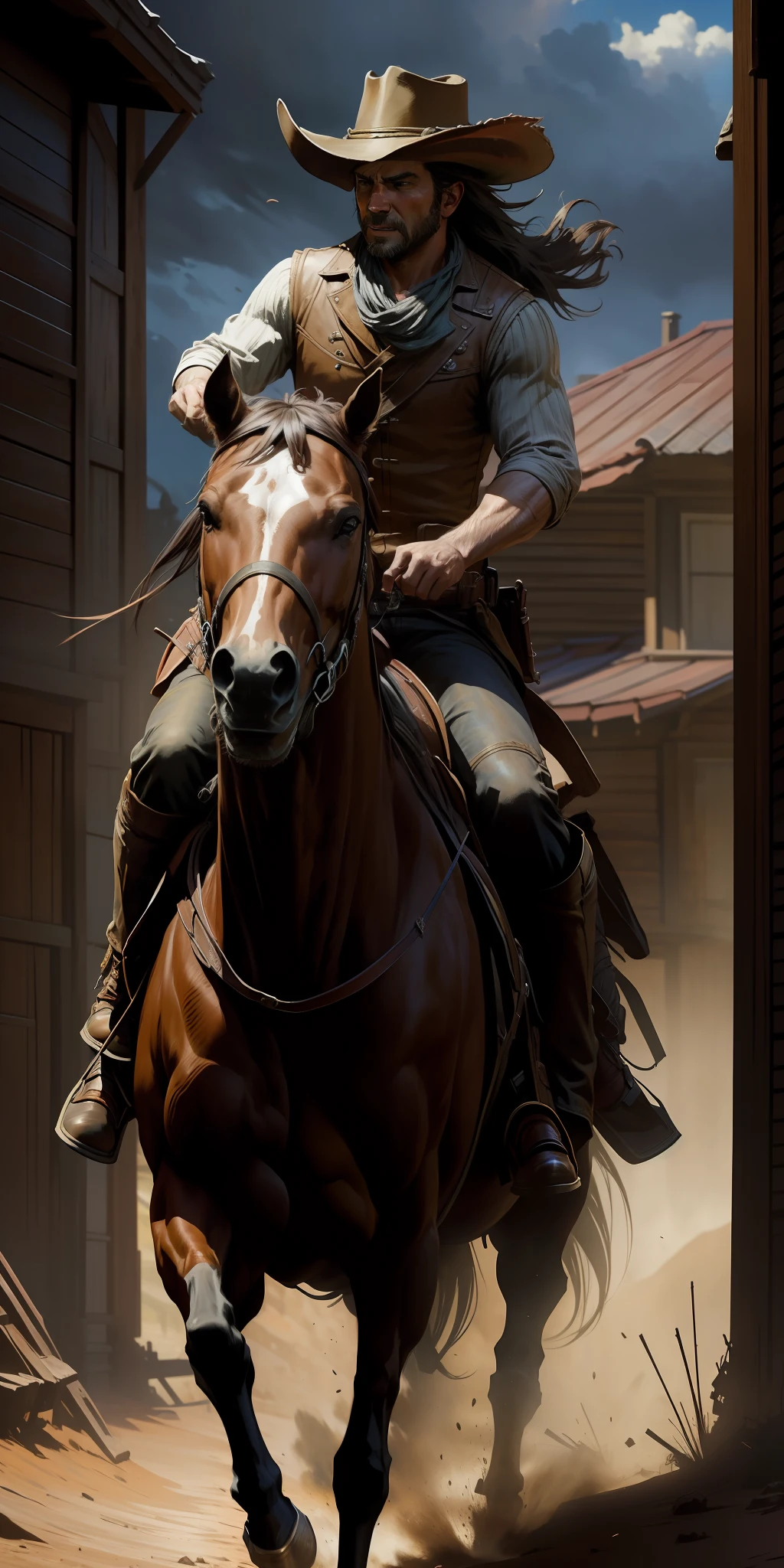 Intricate dynamic action shot of rogue riding a horse, cinematic Steve Henderson Fabian Perez Henry Asencio Jeremy Mann Marc Simonetti Fantasy, red dead redemption 2 atmosphere