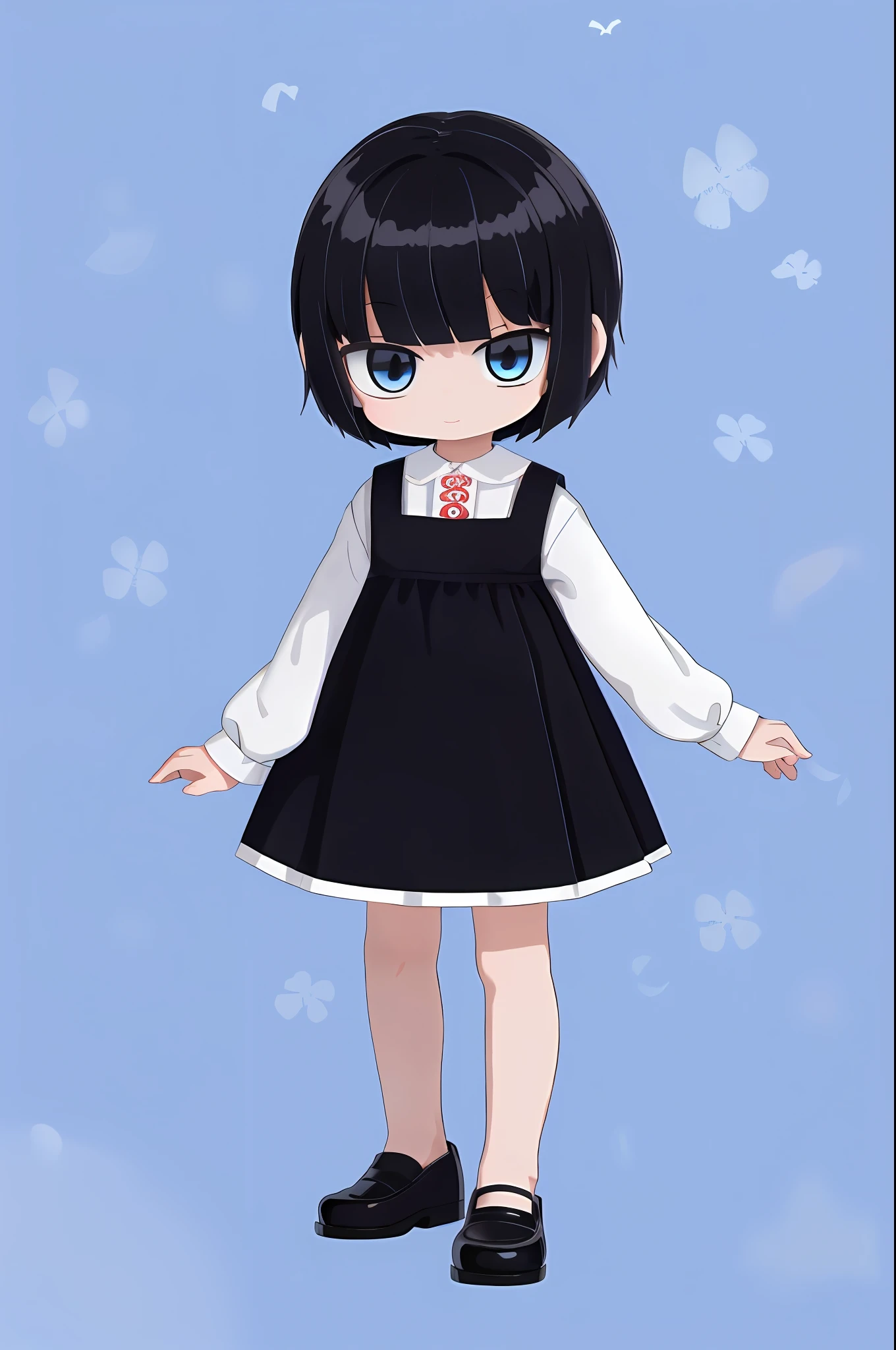 Blue background, simple background, full body, solo, (1 girl: 1.2), little girl, black hair, short cut hair, white ceramic mini dress, red (pattern: 1.2)