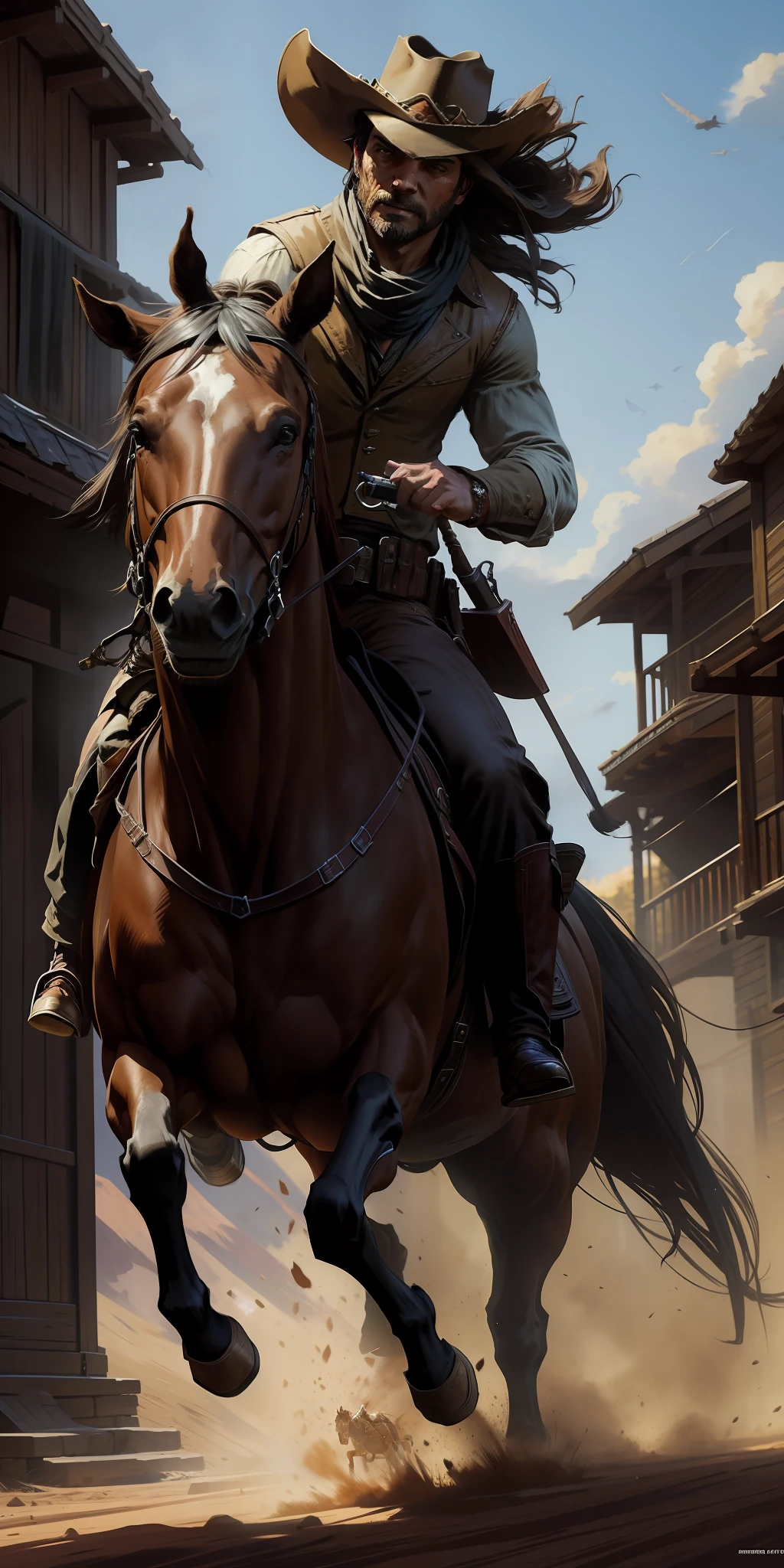 Intricate dynamic action shot of rogue riding a horse, cinematic Steve Henderson Fabian Perez Henry Asencio Jeremy Mann Marc Simonetti Fantasy, red dead redemption 2 atmosphere