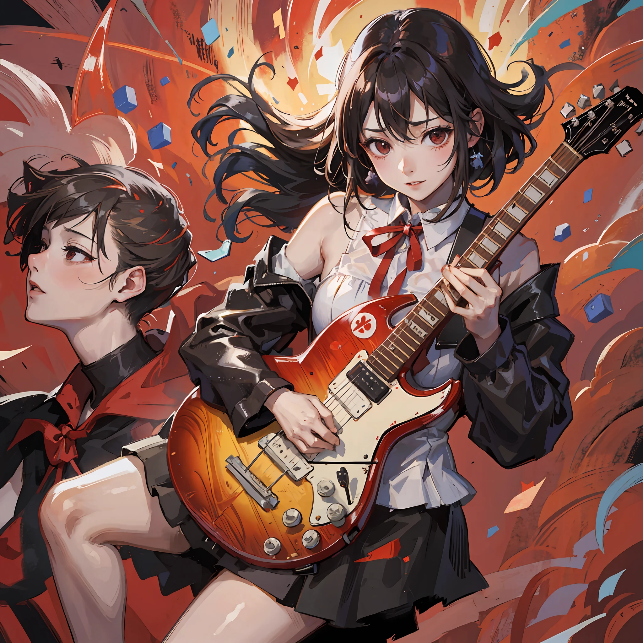 Arafed woman with a red guitar, in front of a campfire, Kotegawa Yui, Yukii Morita, Promo Shot, Deayami Kojima, taken with Canon EOS 5 D Mark IV, Chiho Ashima, guitarist, Paru Itagaki, Ayami Kojima Amano, live, Sui Ishida with black hair, Mayuri Shiina --auto --s2